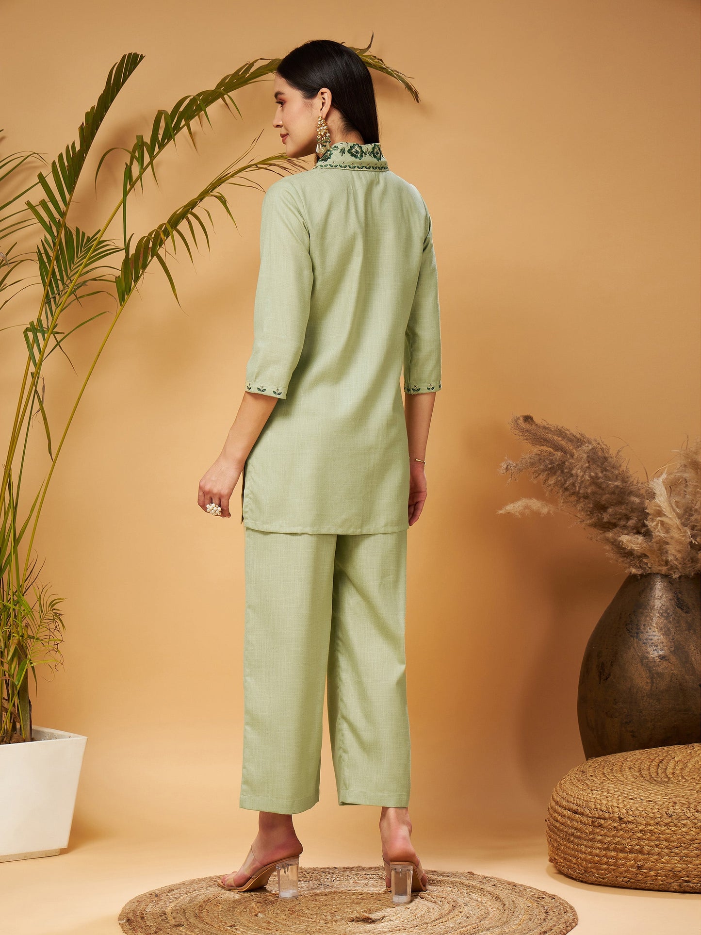 Olive Zari Embroidered Shawl Collar Top With Palazzos