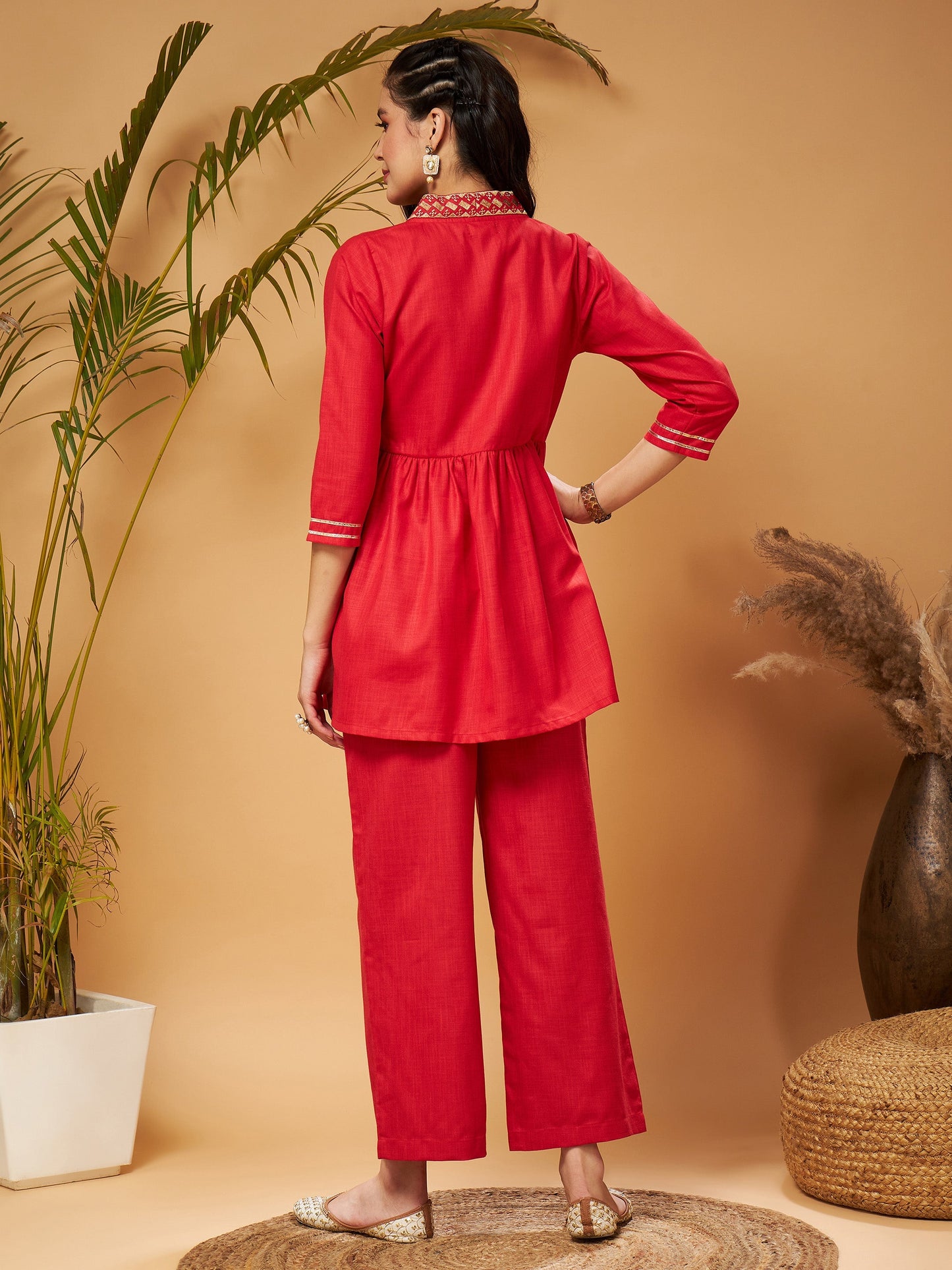 Red Embroidered Gathered Top With Palazzos-Shae by SASSAFRAS