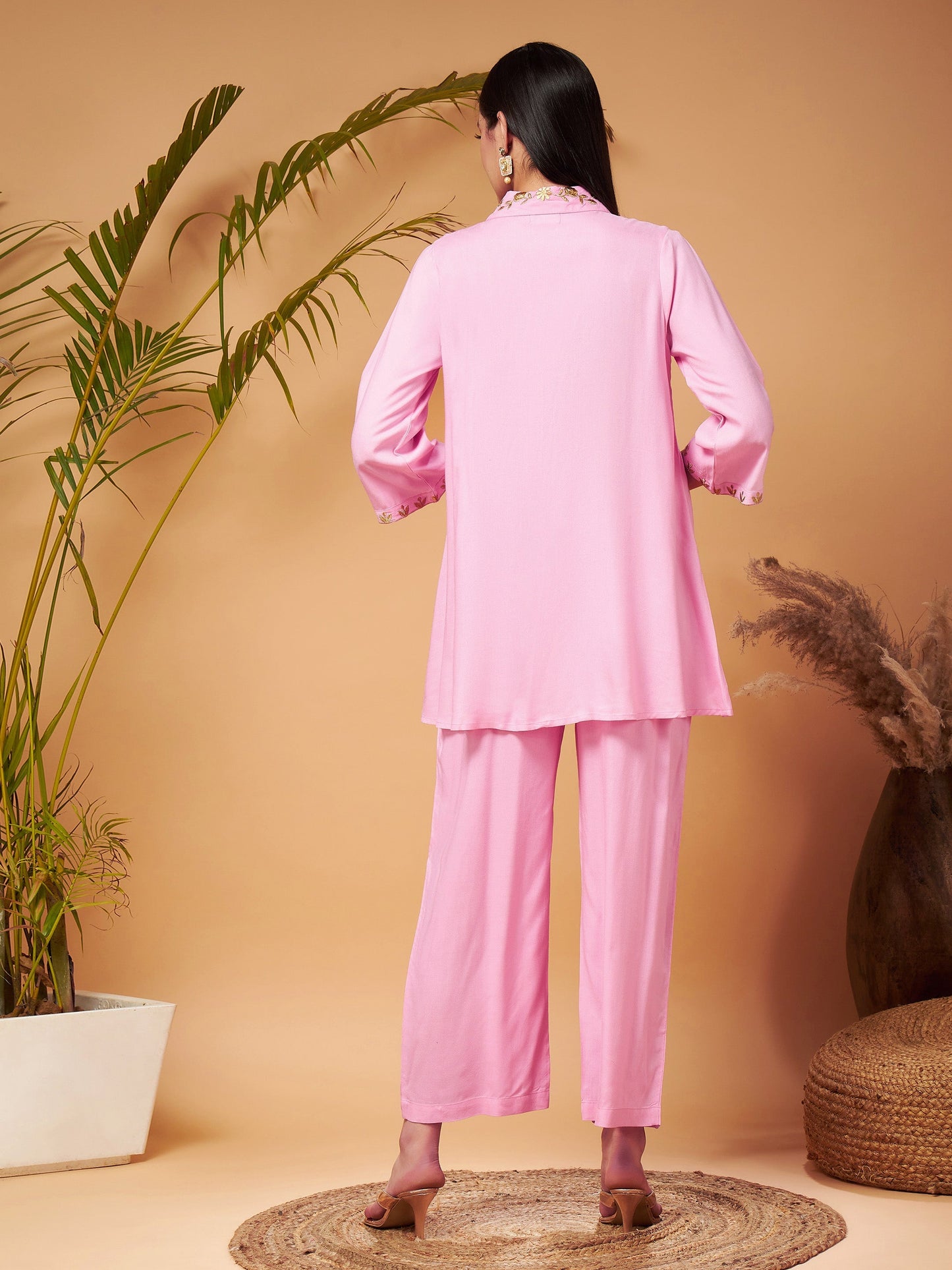 Pink Zari Embroidered Shirt Collar Top With Palazzos