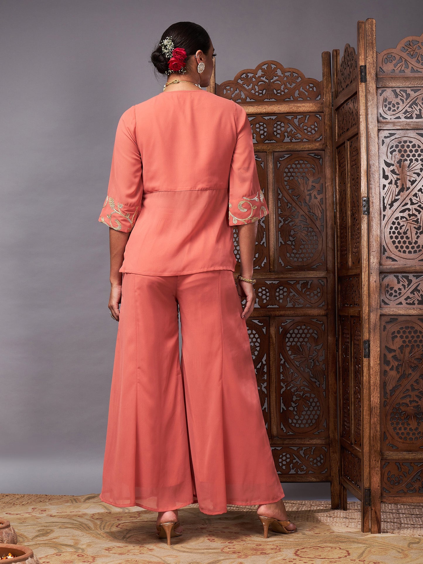 Rust Gota Embroidered Top With Palazzos