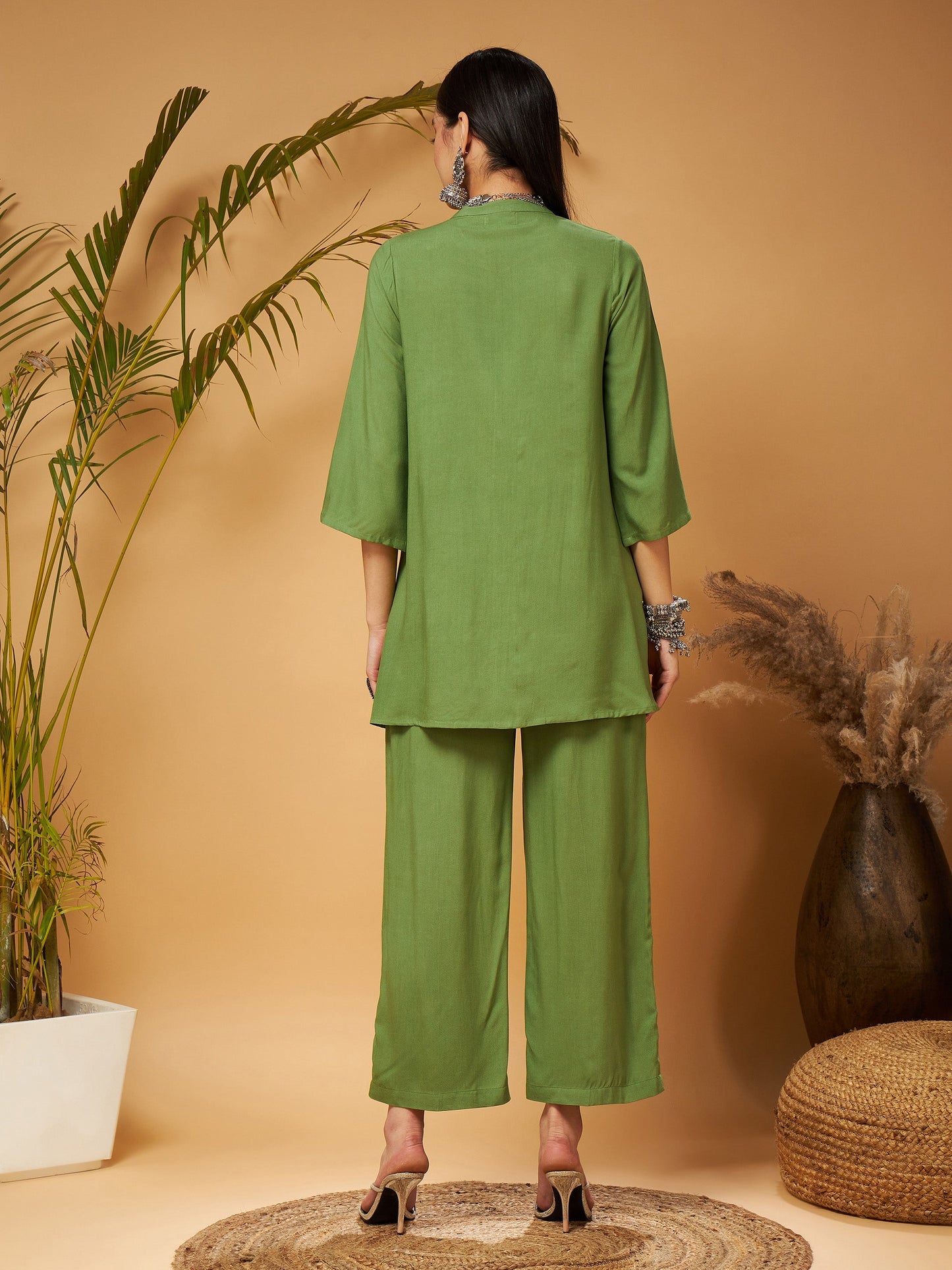 Green Zari Embroidered Top With Palazzos