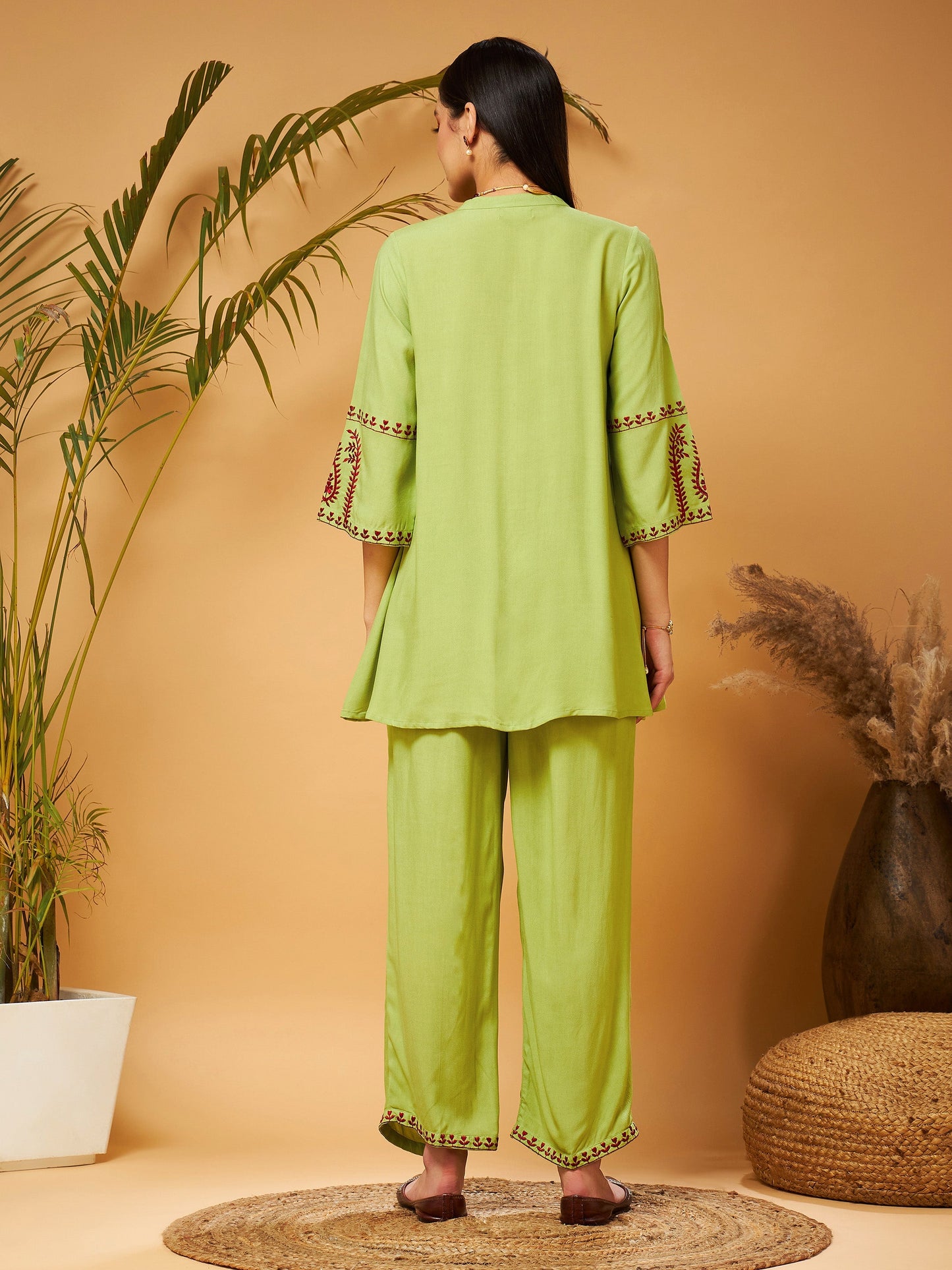 Green Embroidered Top With Palazzos