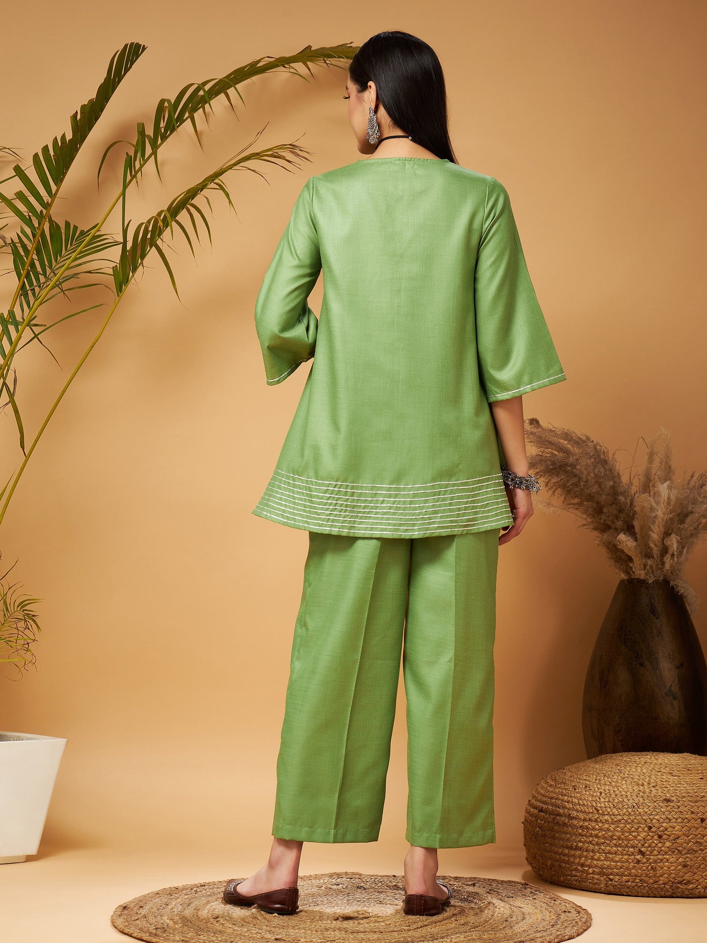 Green Peplum Gota Lace Top With Palazzos