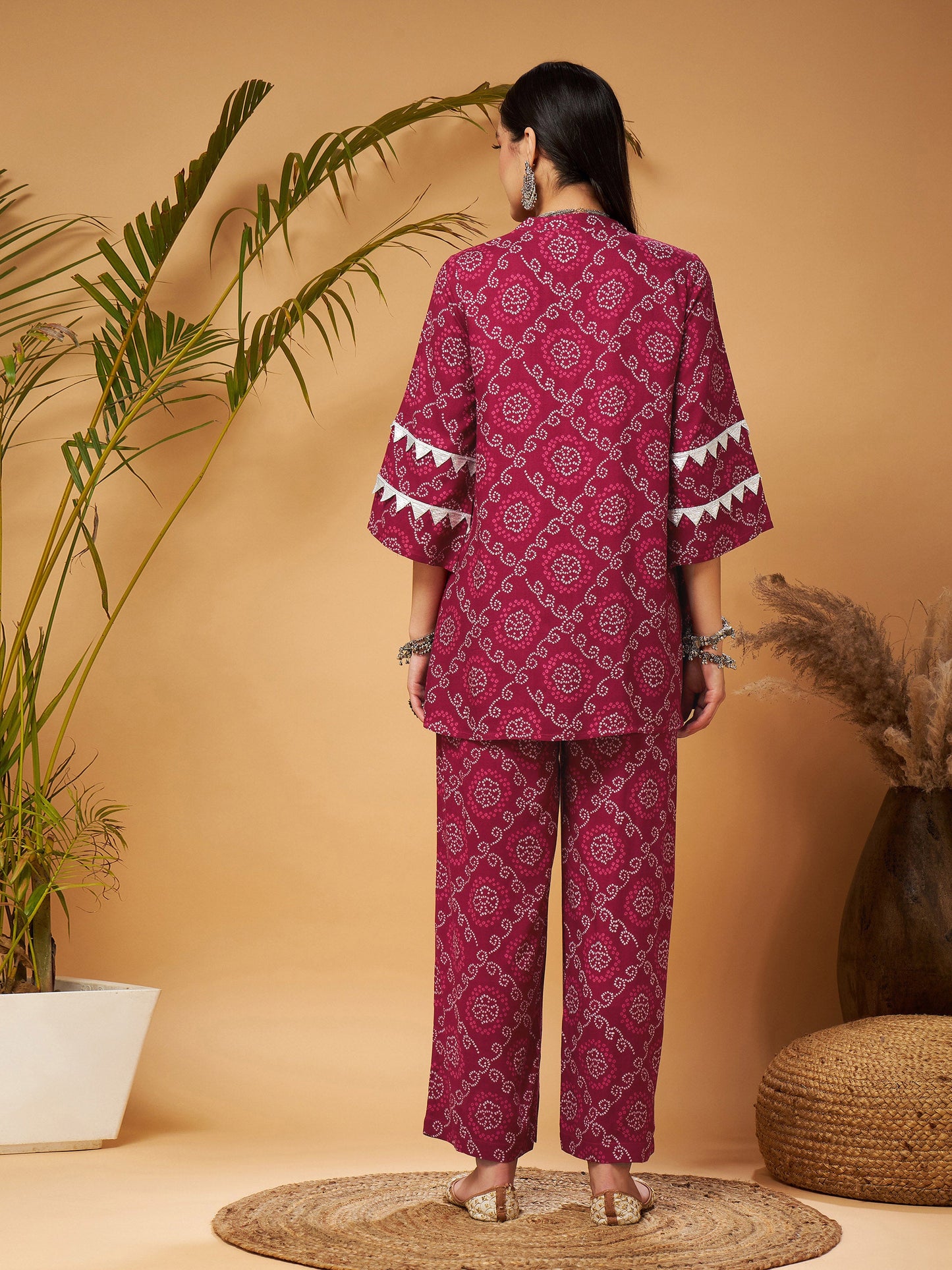 Fuchsia Bandhej Top With Palazzos