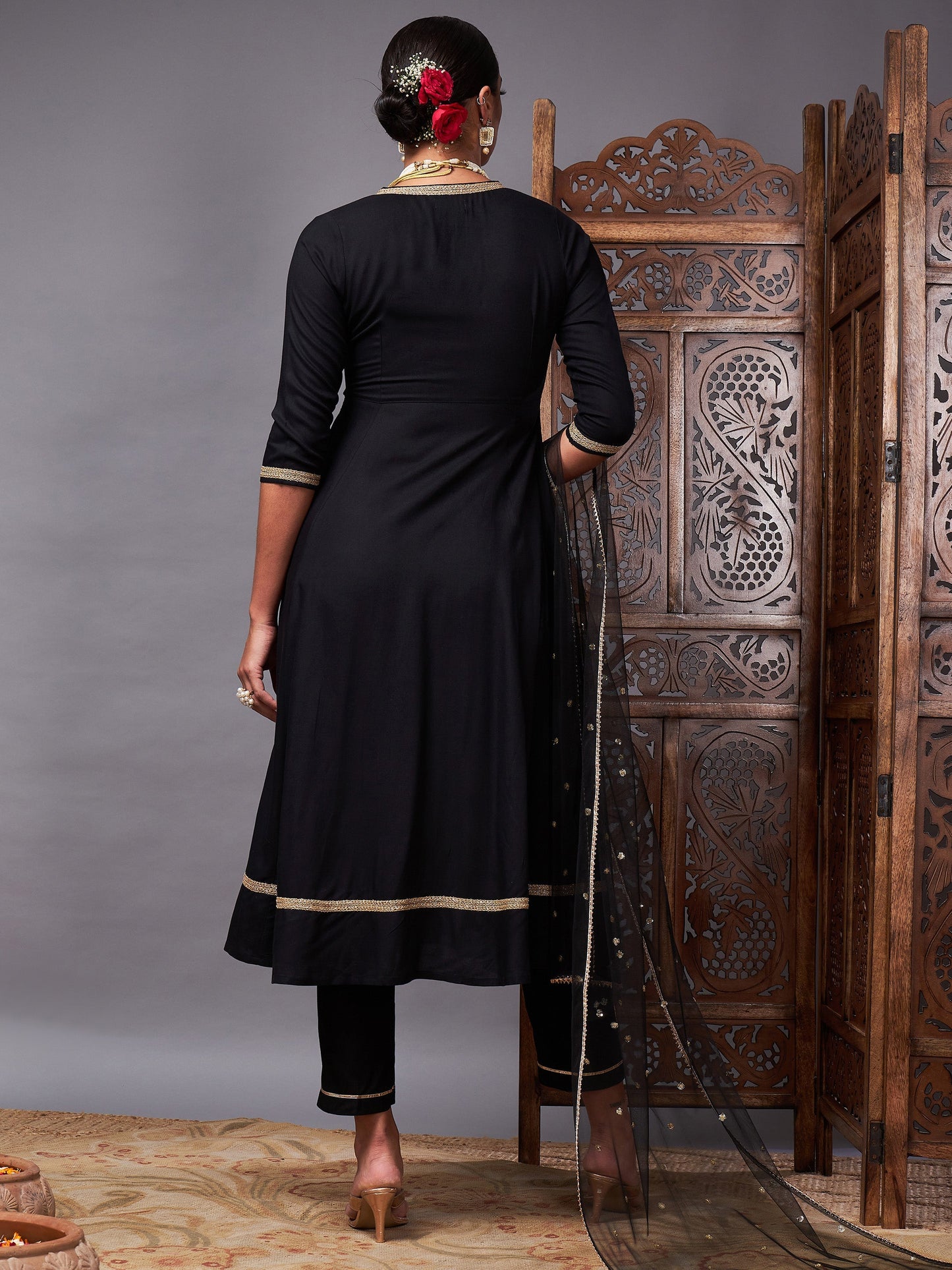 Black Kurta Set With Net Sequins Dupatta