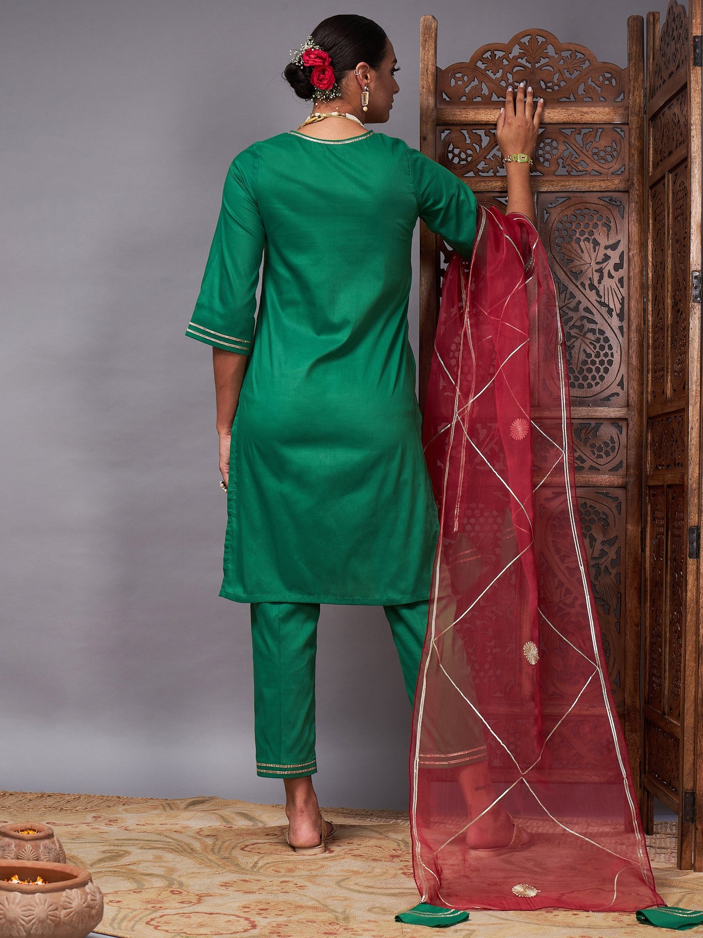 Green Kurta Set With Maroon Organza Dupatta