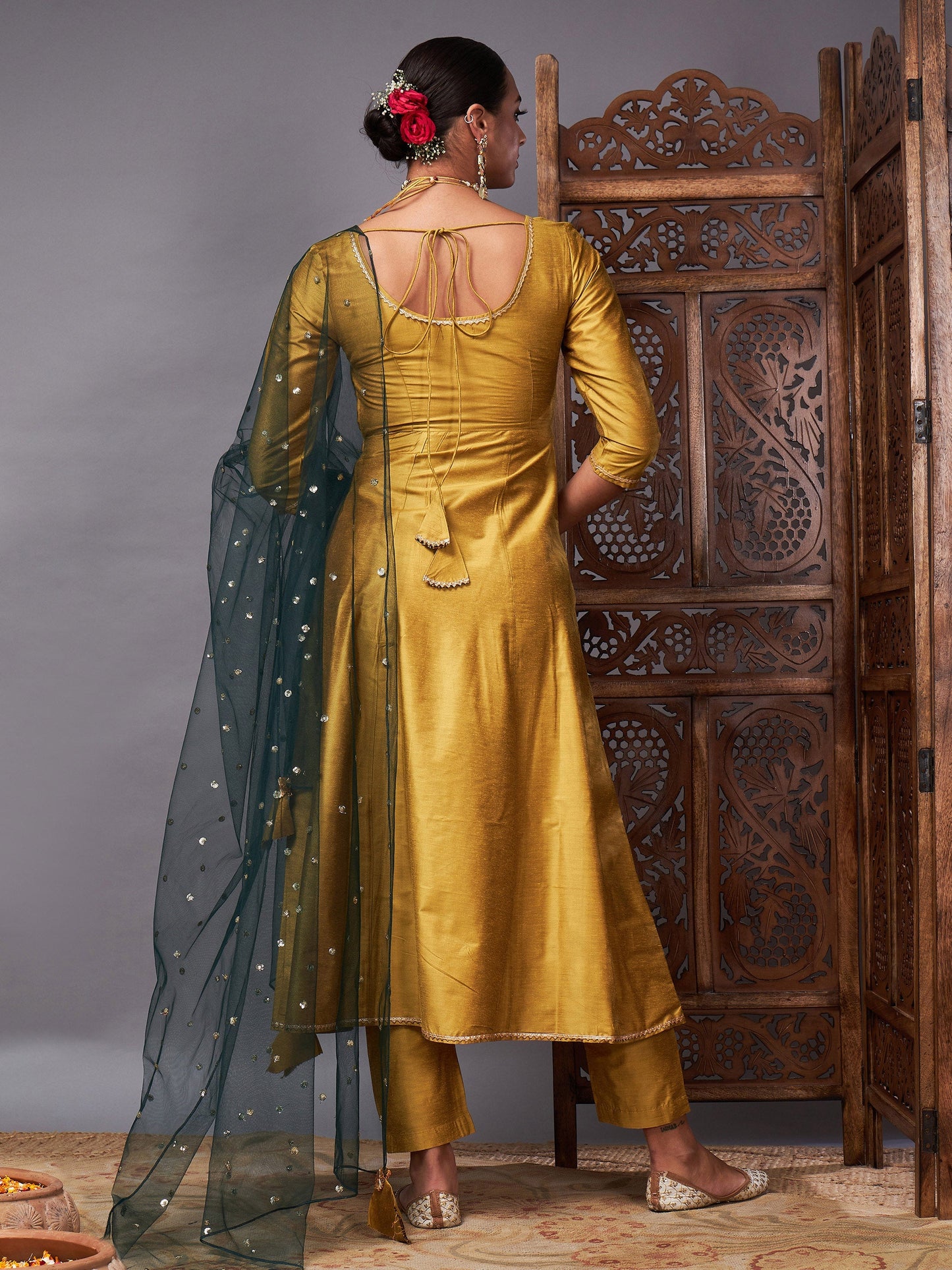 Mustard Kurta Set With Green Net Sequins Dupatta