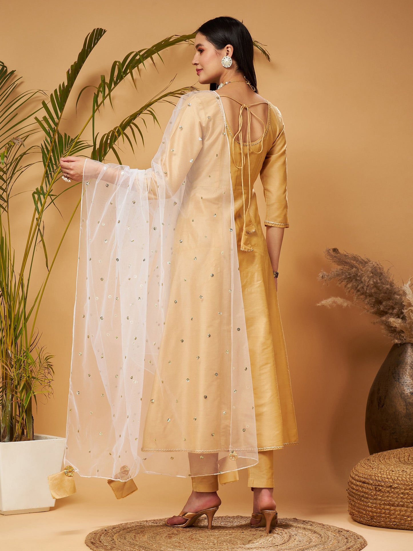 Gold Kurta Set With White Net Sequins Dupatta