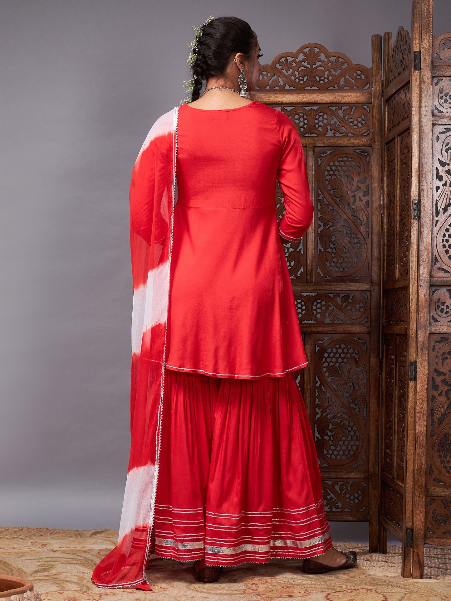 Red Short Kurta With Sharara & Lehariya Dupatta