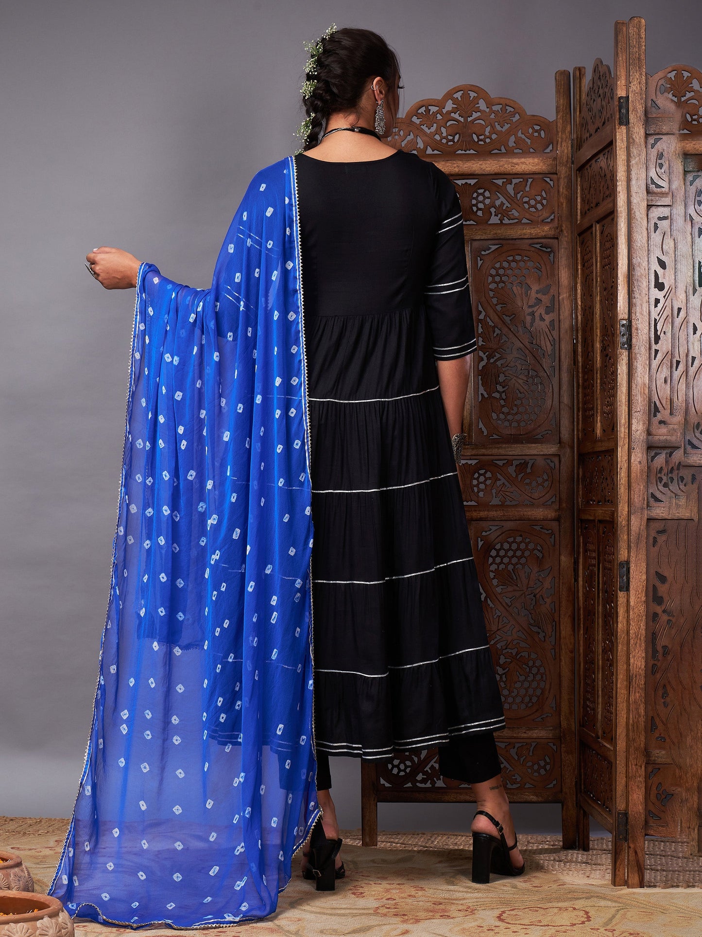 Black Tiered Kurta Set With Blue Bandhej Dupatta