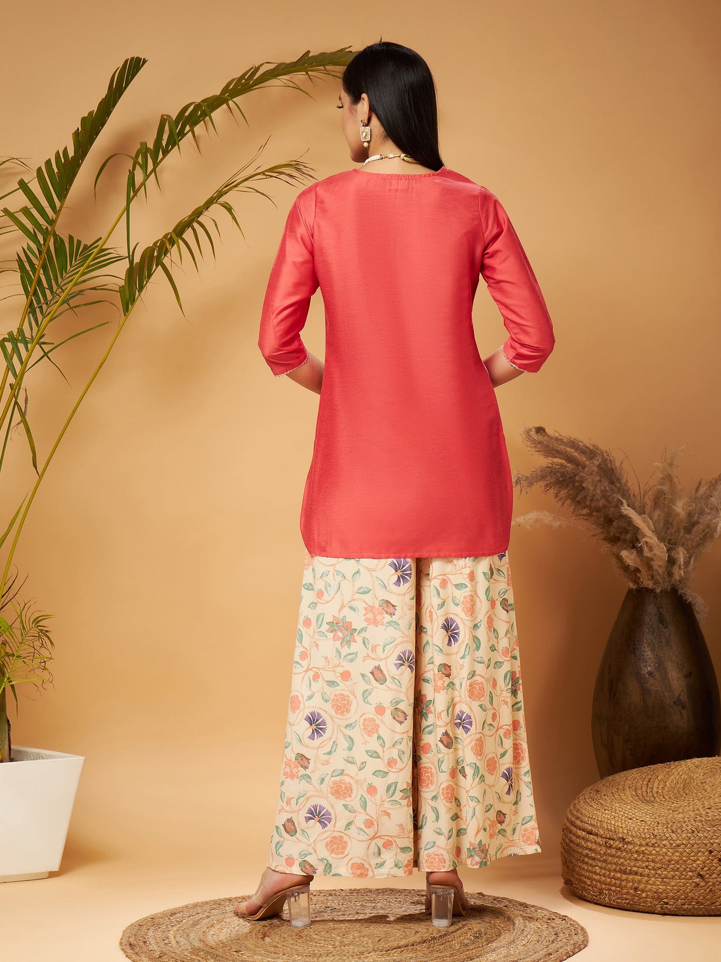 Pink Short Kurta With Beige Printed Flared Palazzos
