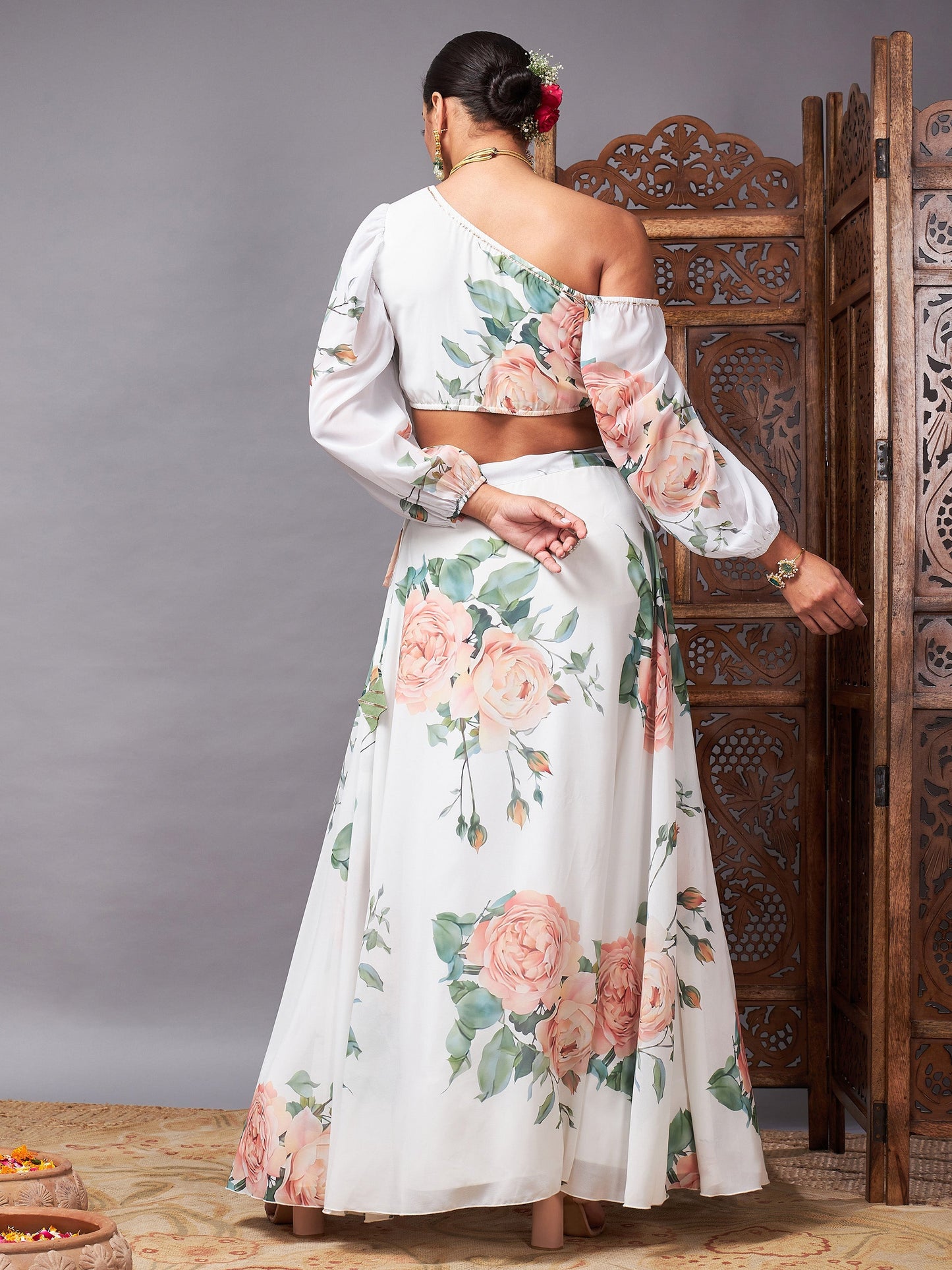 White Floral One Shoulder Crop Top With Anarkali Skirt