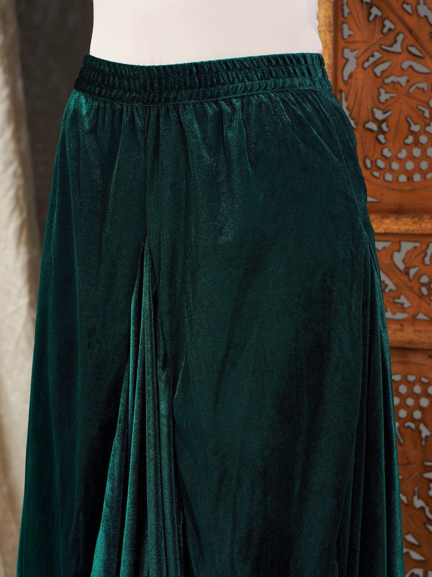 Green Velvet Embroidered Short Kurta With Dhoti Skirt