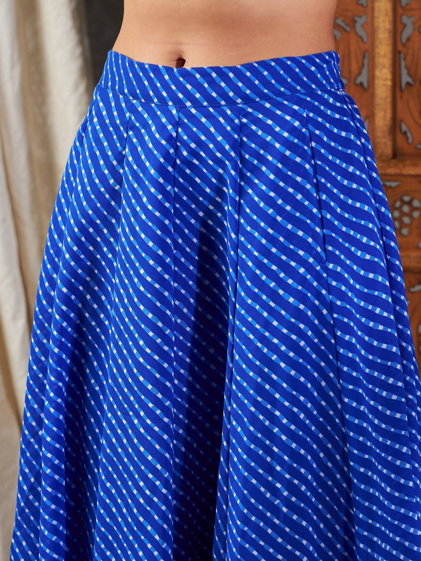 Blue Lehariya Off Shoulder Crop Top With Anarkali Skirt