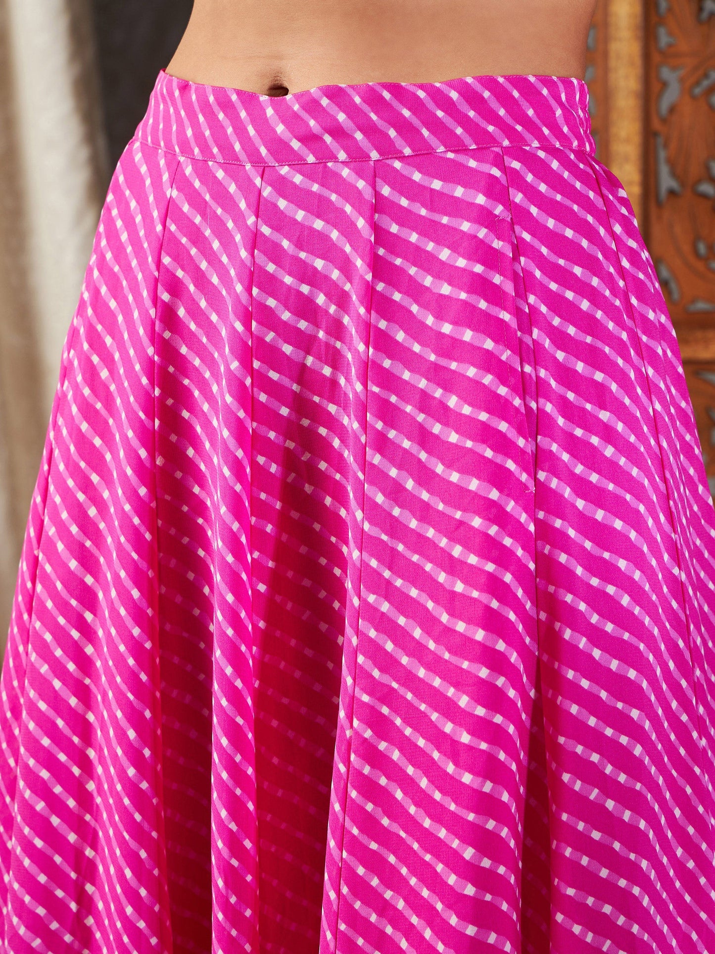 Pink Lehariya Off Shoulder Crop Top With Anarkali Skirt