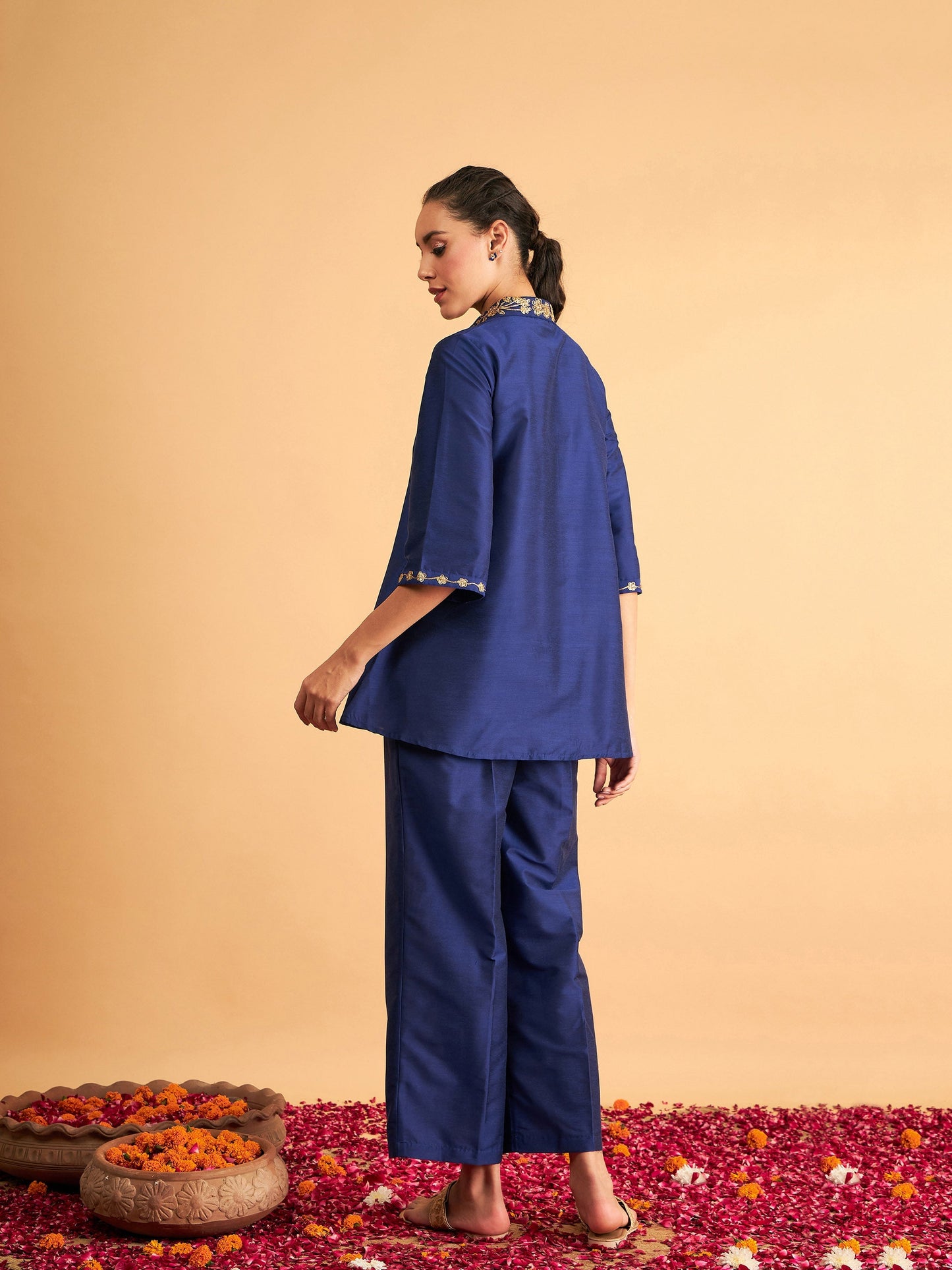 Royal Blue Embroidered Collar Shirt With Pants