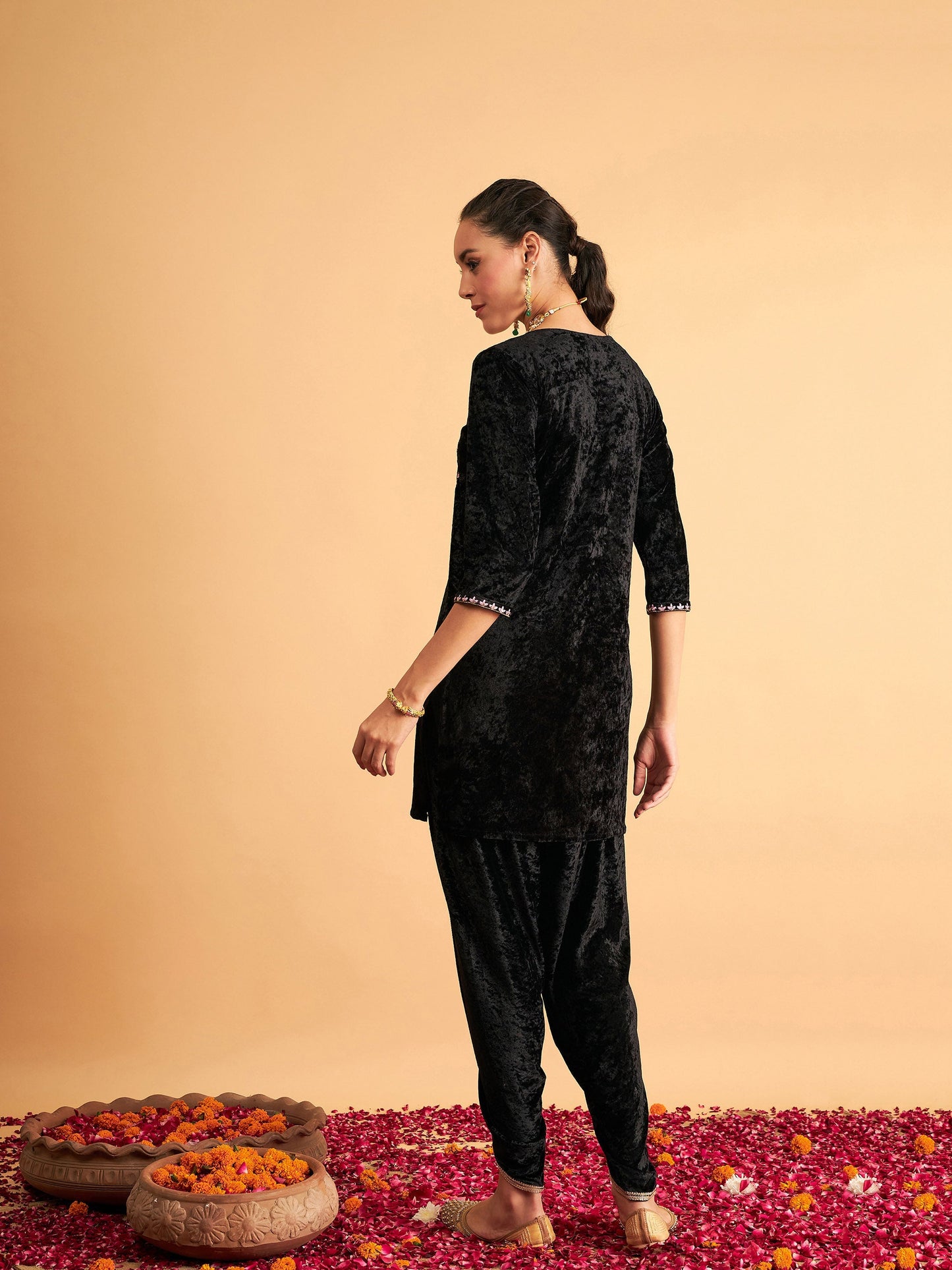 Black Velvet Embroidered Short Kurta With Dhoti Pants-Shae by SASSAFRAS