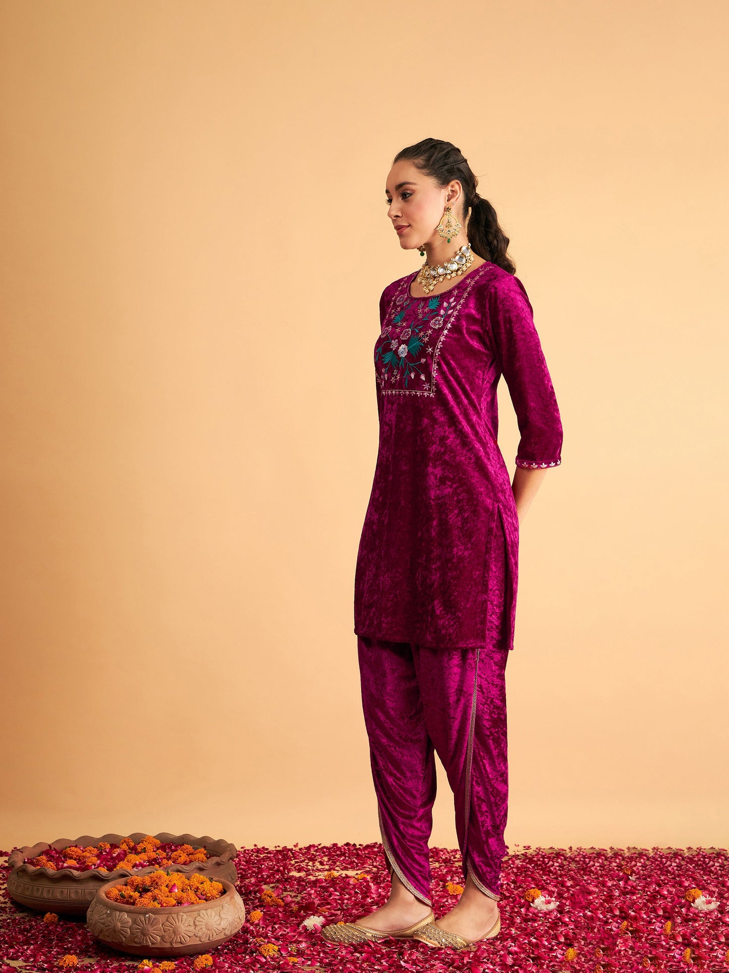 Fuchsia Velvet Embroidered Short Kurta With Dhoti Pants
