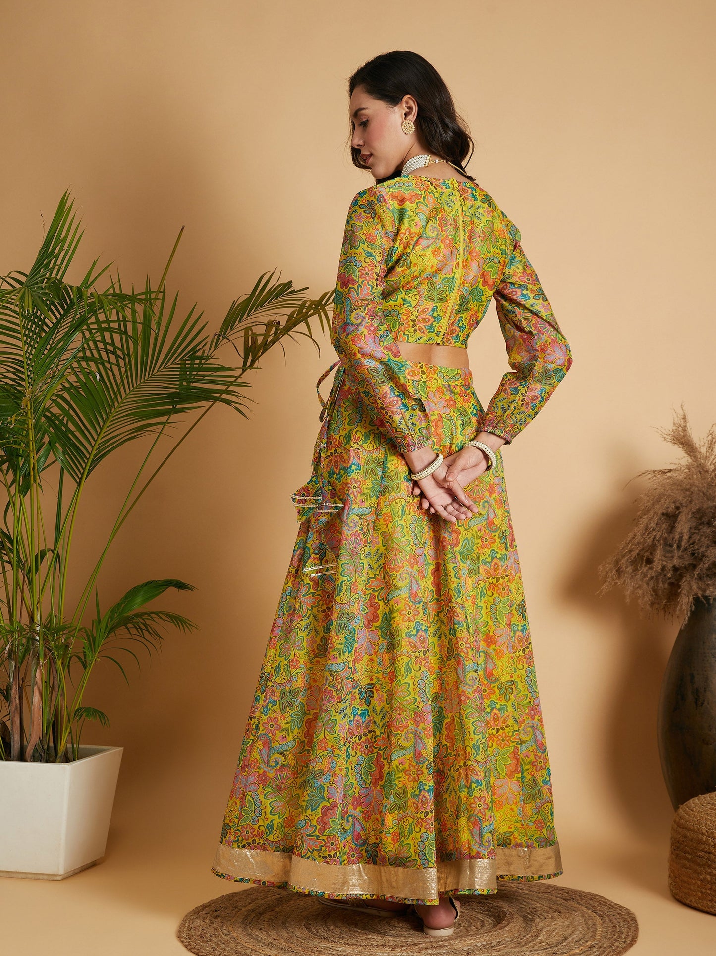Lemon Yellow Floral Anarkali Skirt With Crop Top