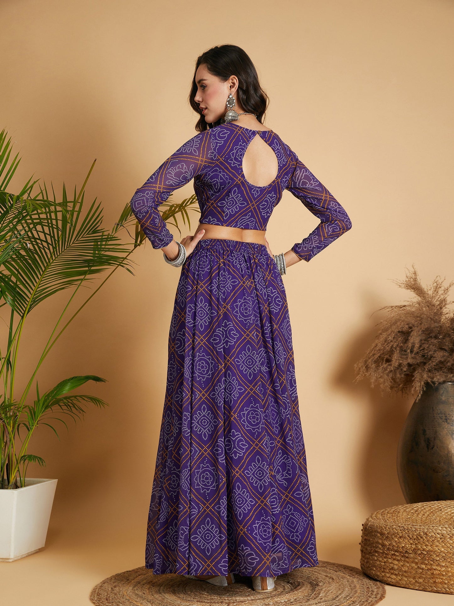 Purple & White Bandhej Anarkali Skirt With Crop Top
