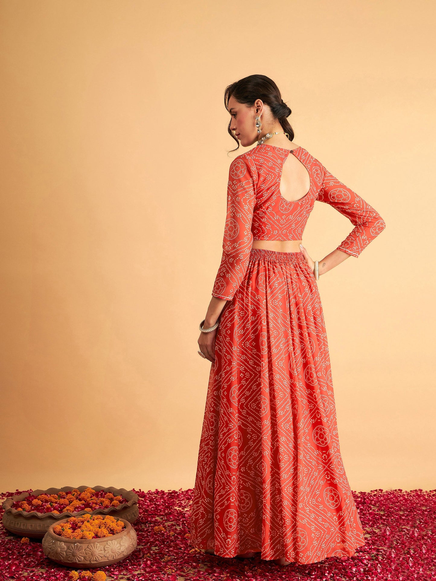 Red & White Bandhej Anarkali Skirt With Crop Top