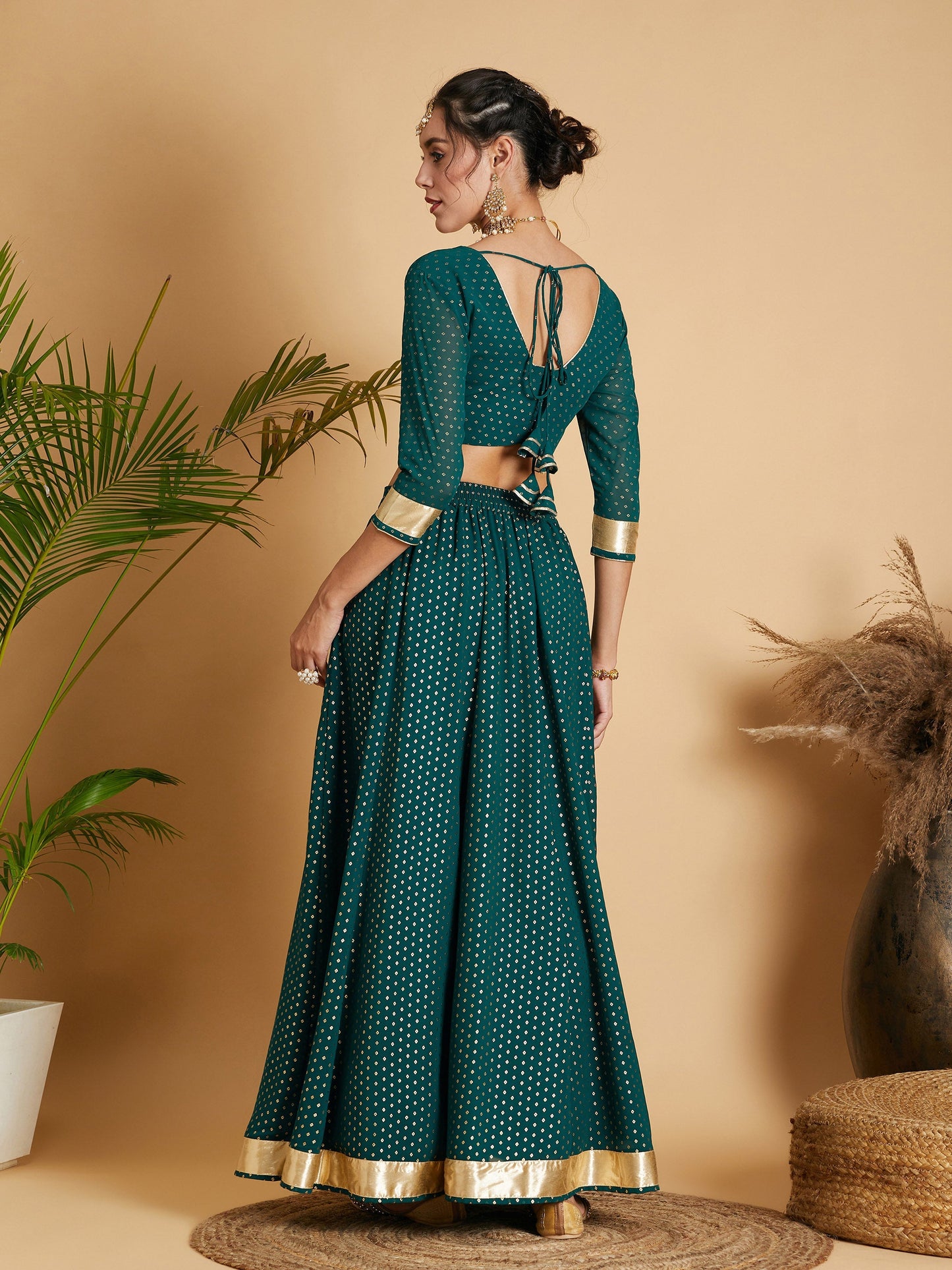 Emerald Dot Foil Print Anarkali Skirt With Crop Top