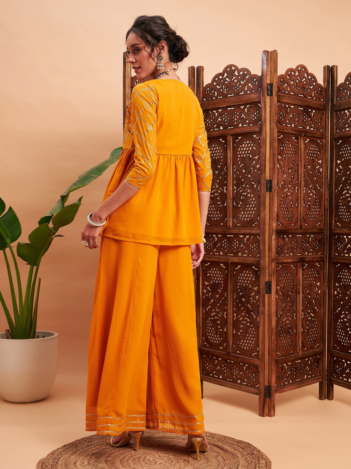 Mustard Mukaish Top With Sharara Pants
