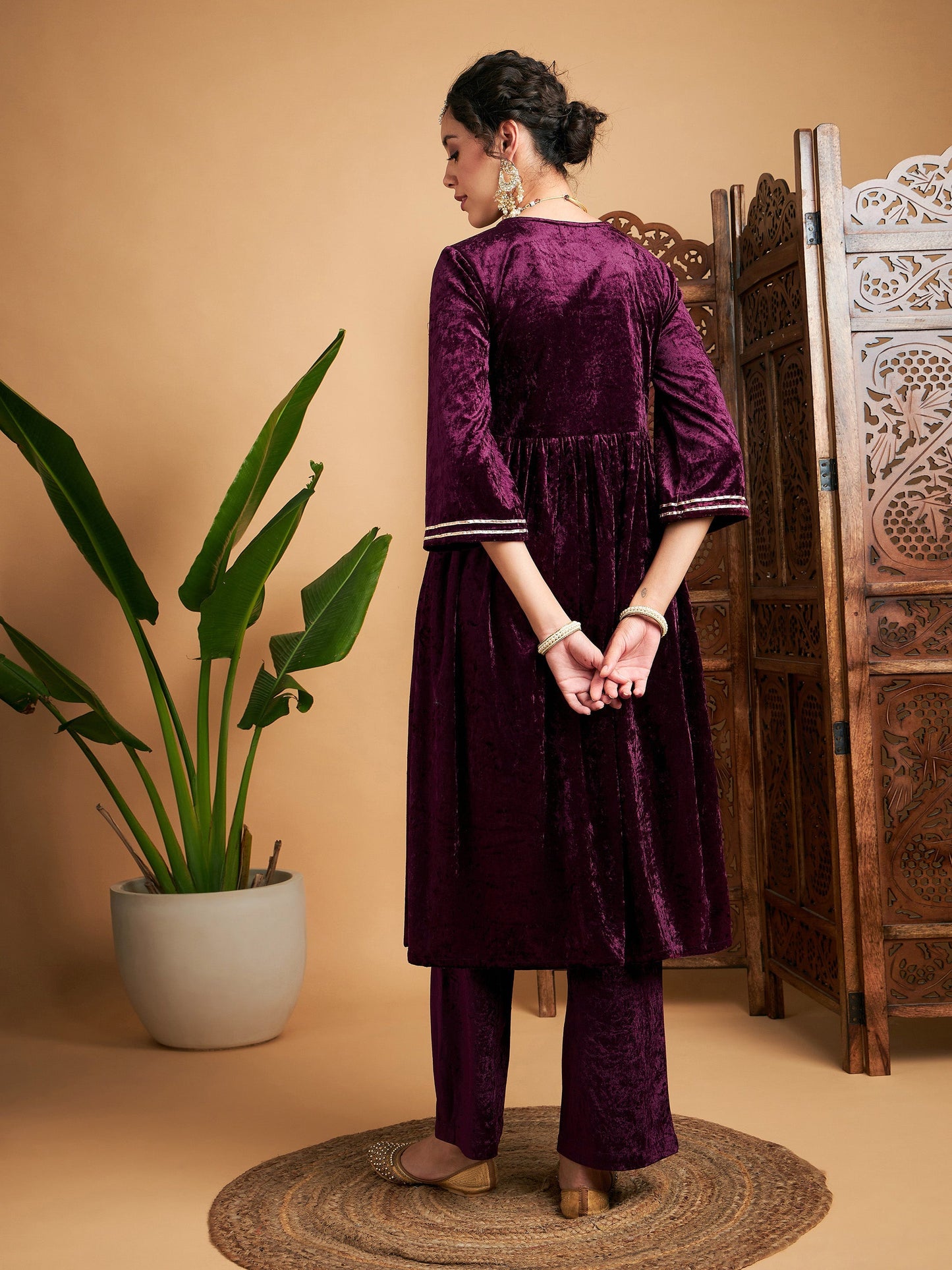 Purple Velvet Embroidered Gathered Kurta With Pants