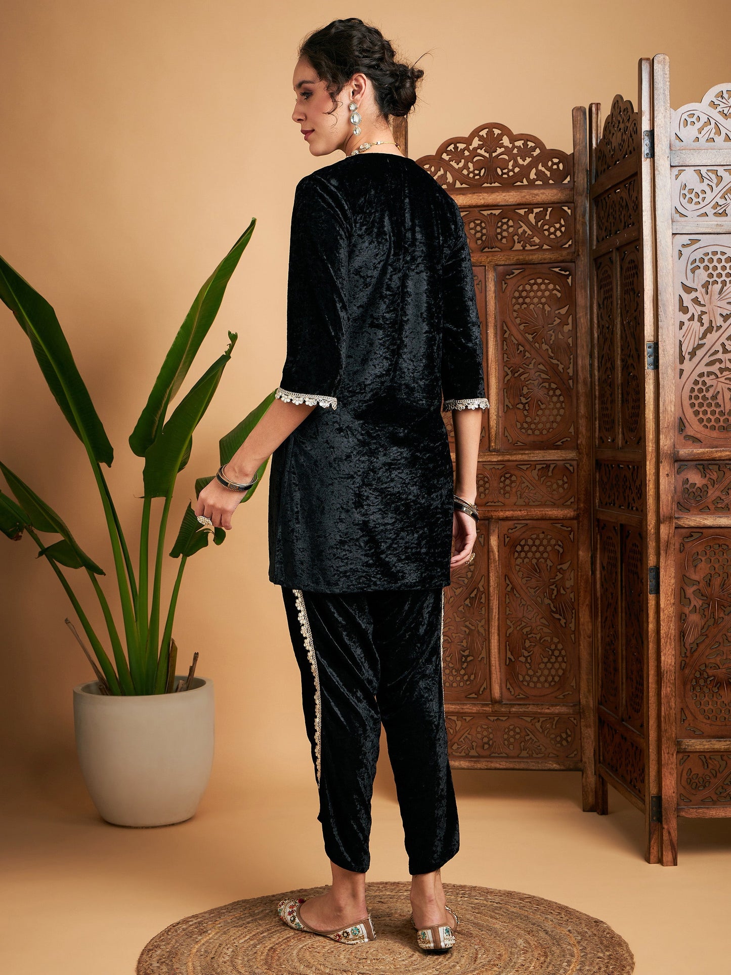 Black Velvet Gota Patti Embroidered Short Kurta With Dhoti Pants