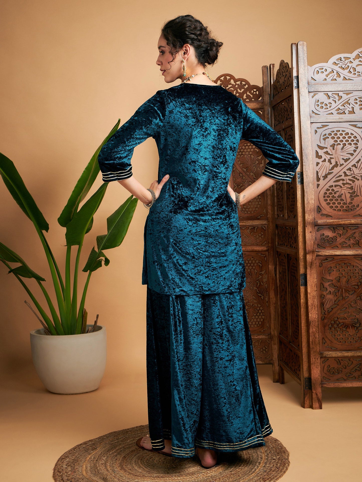 Teal Velvet Embroidered Short Kurta With Palazzos