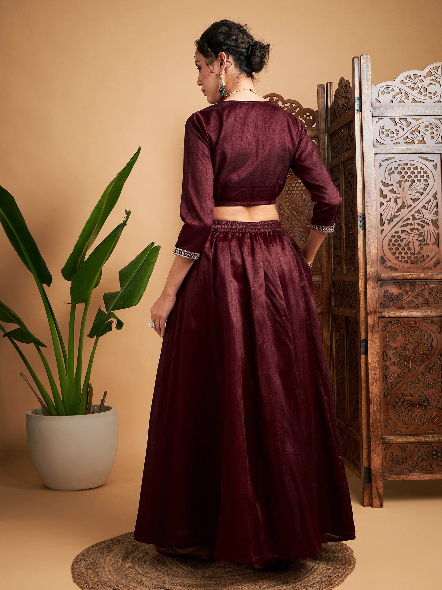 Maroon Embroidered Anarkali Skirt With Crop Top