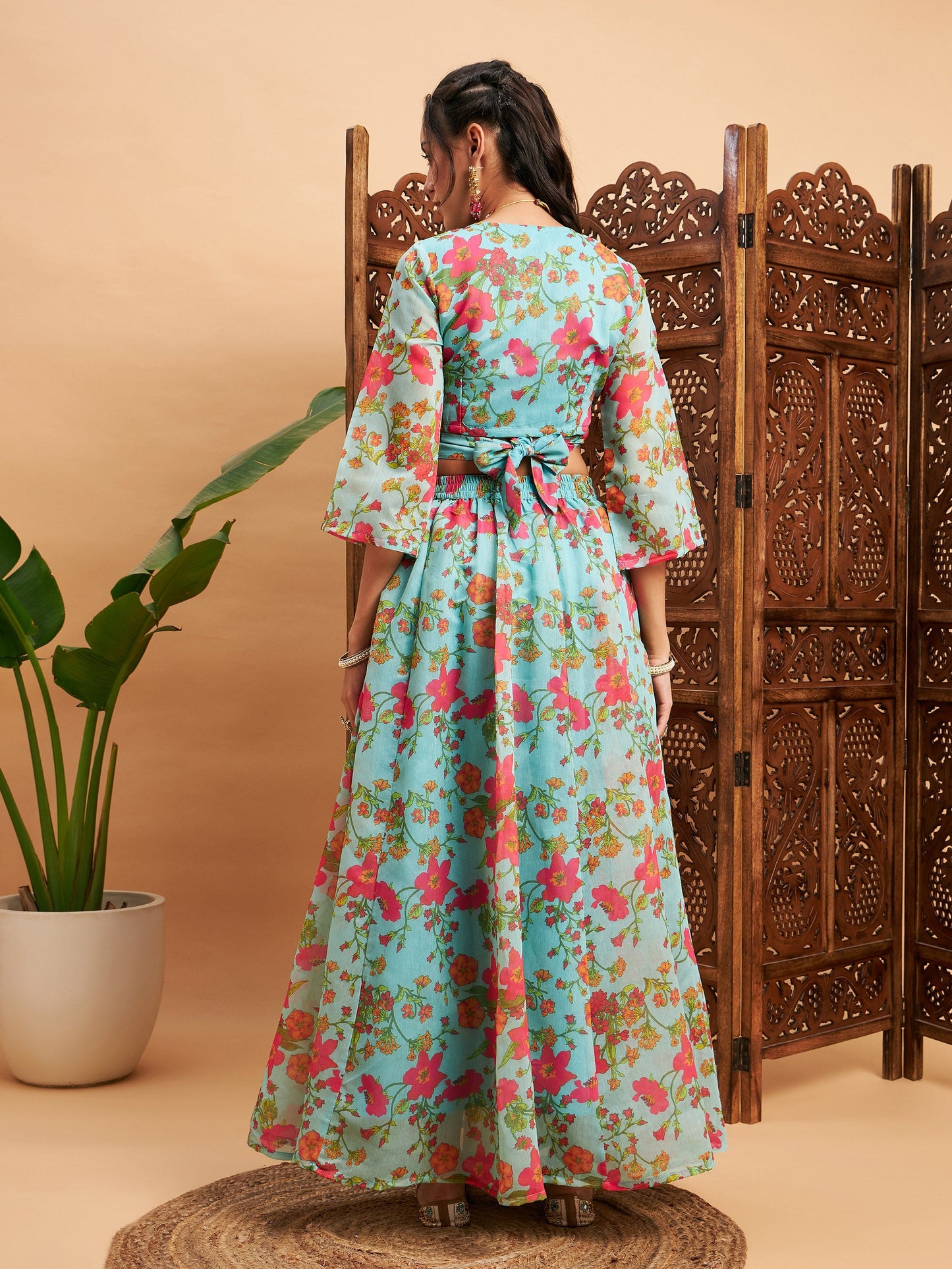 Blue Floral Anarkali Skirt With Wrap Crop Top