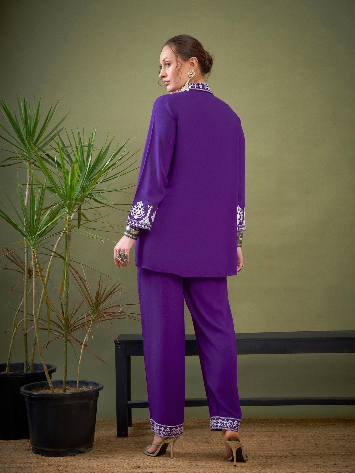 Purple Collar And Sleeve Embroidered Shirt With Palazzos-Shae by SASSAFRAS