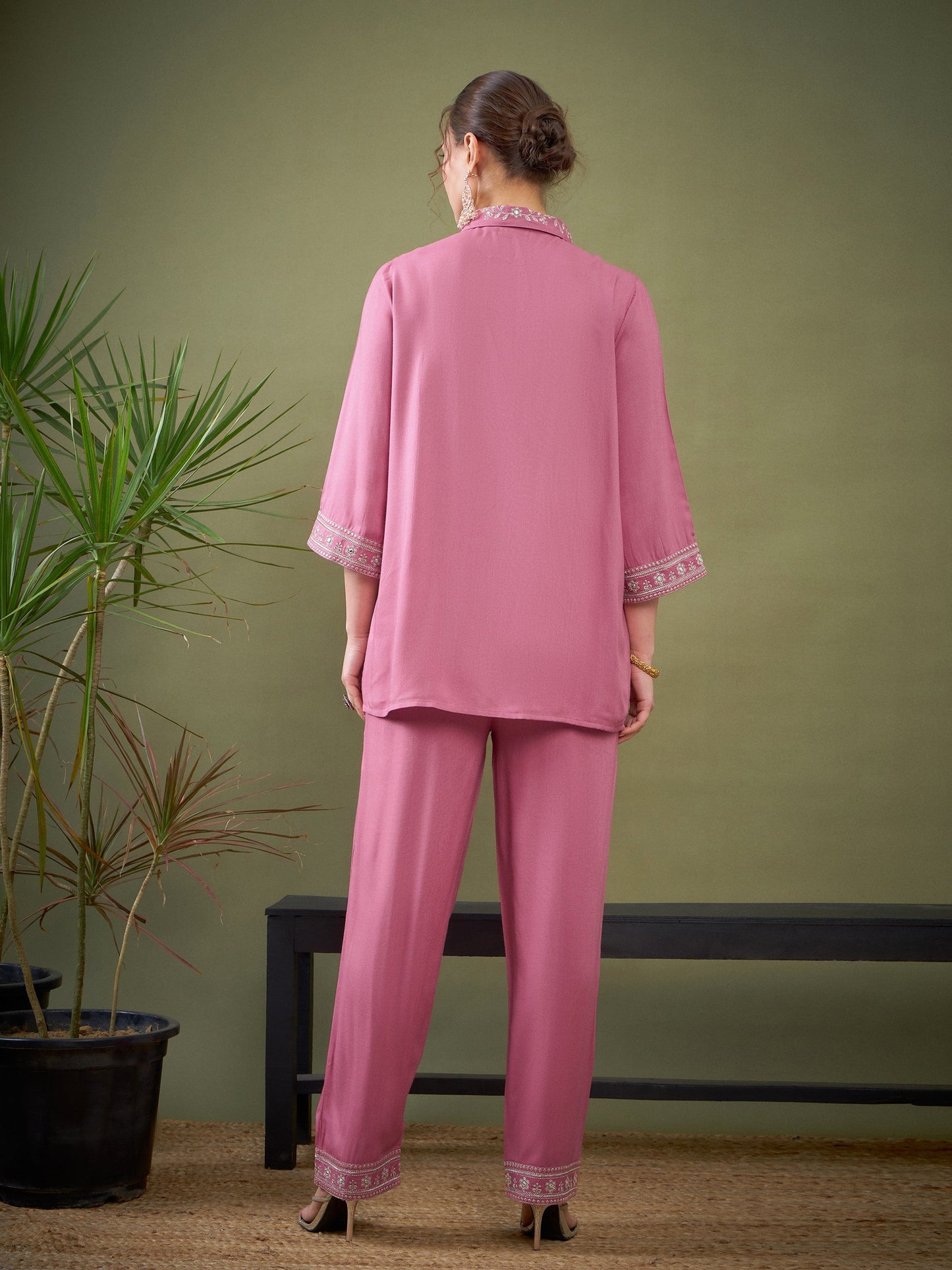 Pink Embroidered Shirt With Palazzos