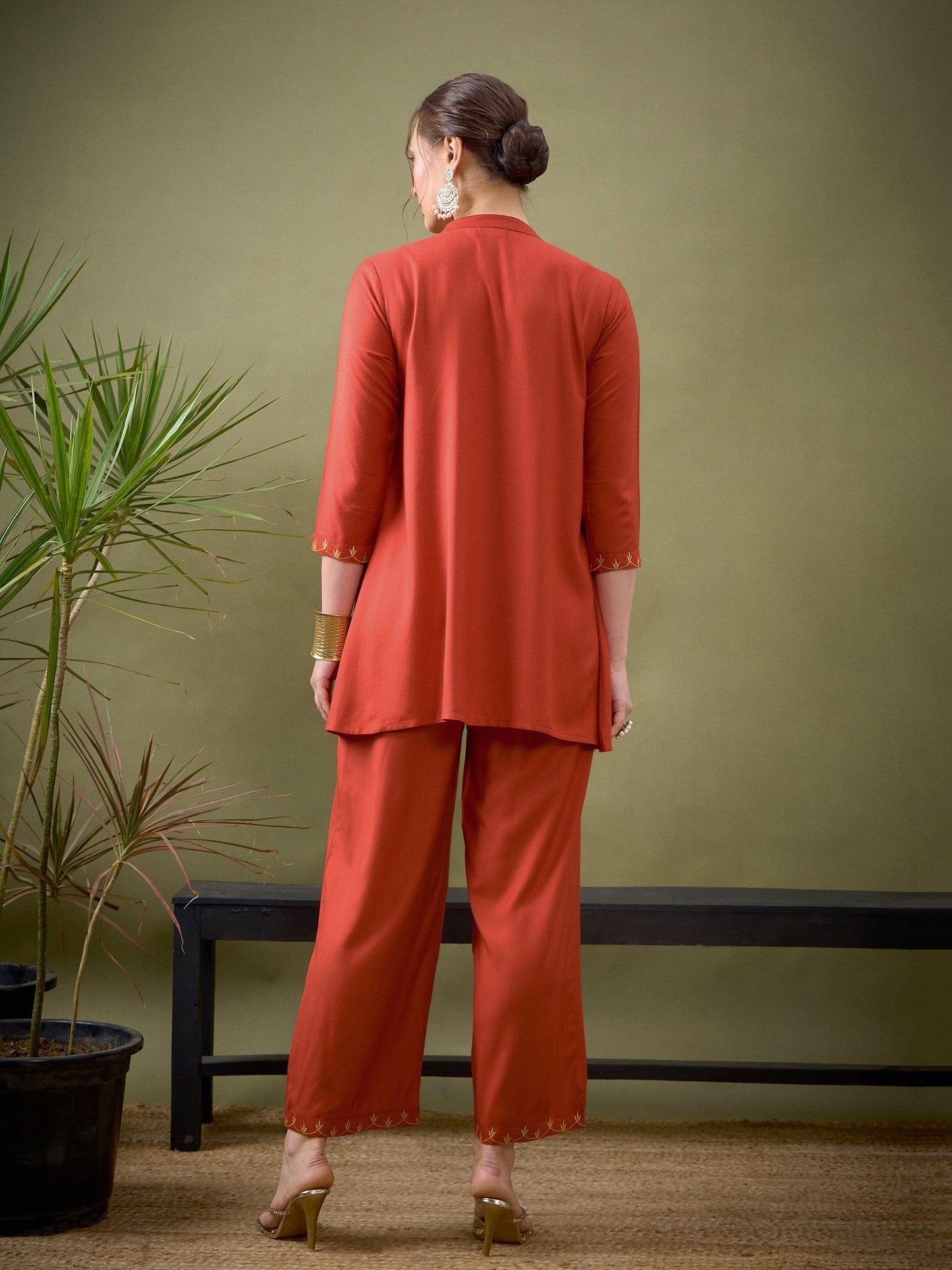 Rust All Over Embroidered Shirt With Palazzos-Shae by SASSAFRAS