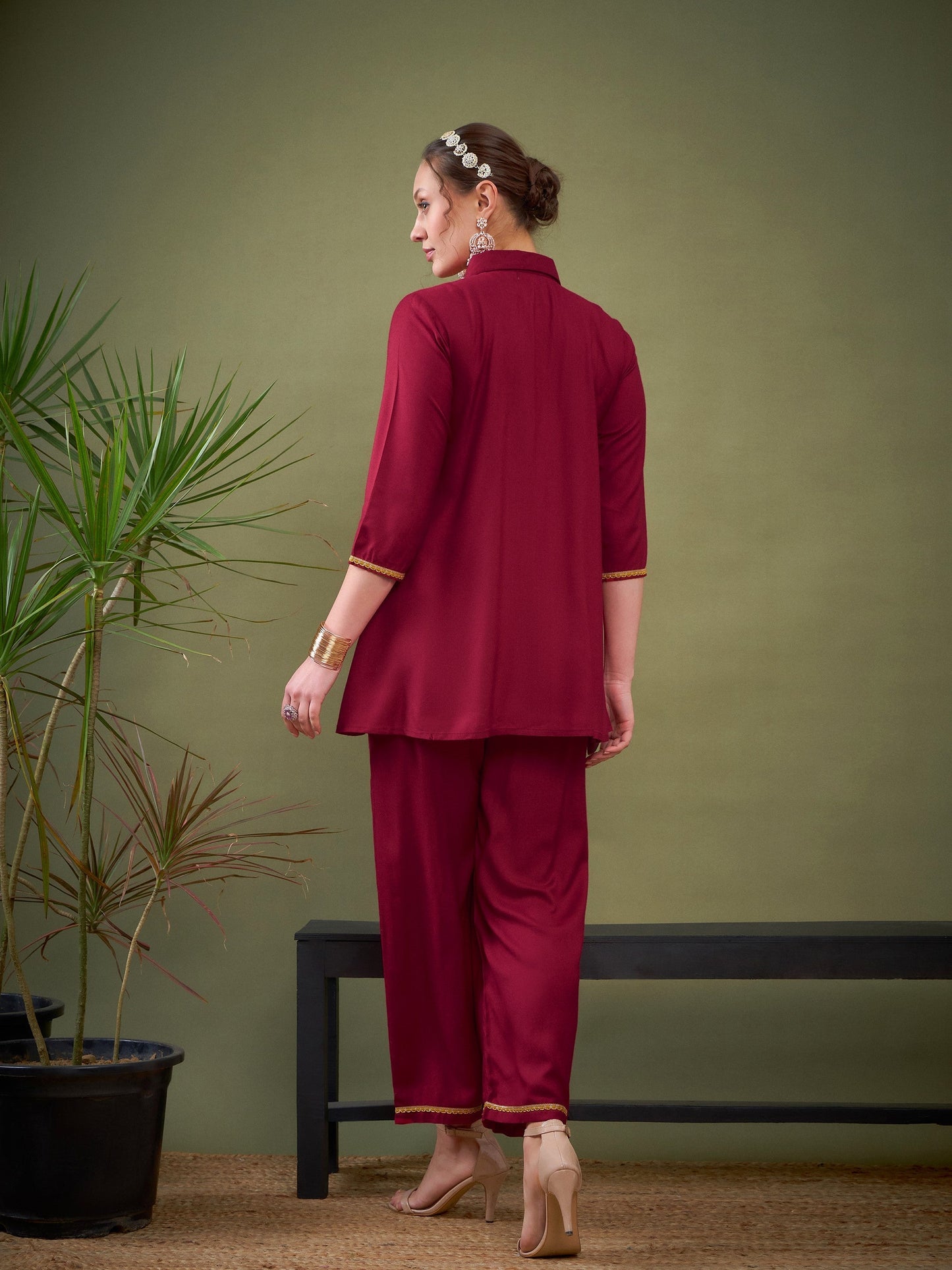 Maroon Front Embroidered Shirt With Palazzos