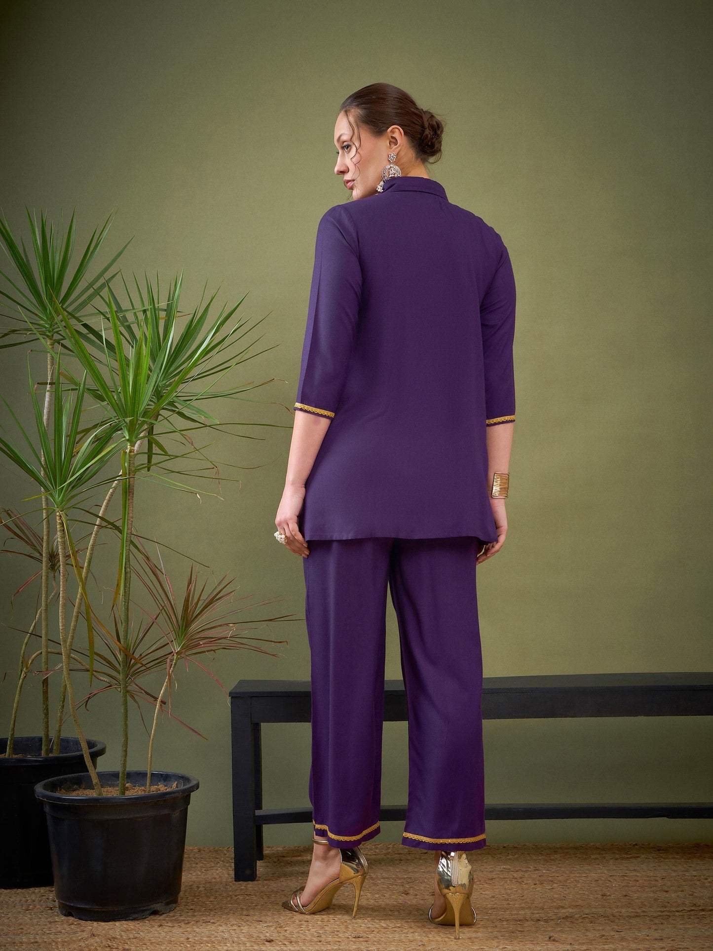 Purple Front Embroidered Shirt With Palazzos