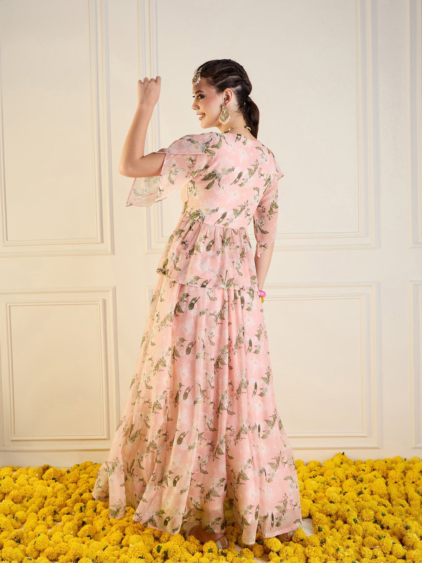 Peach Floral Anarkali Skirt With Peplum Top