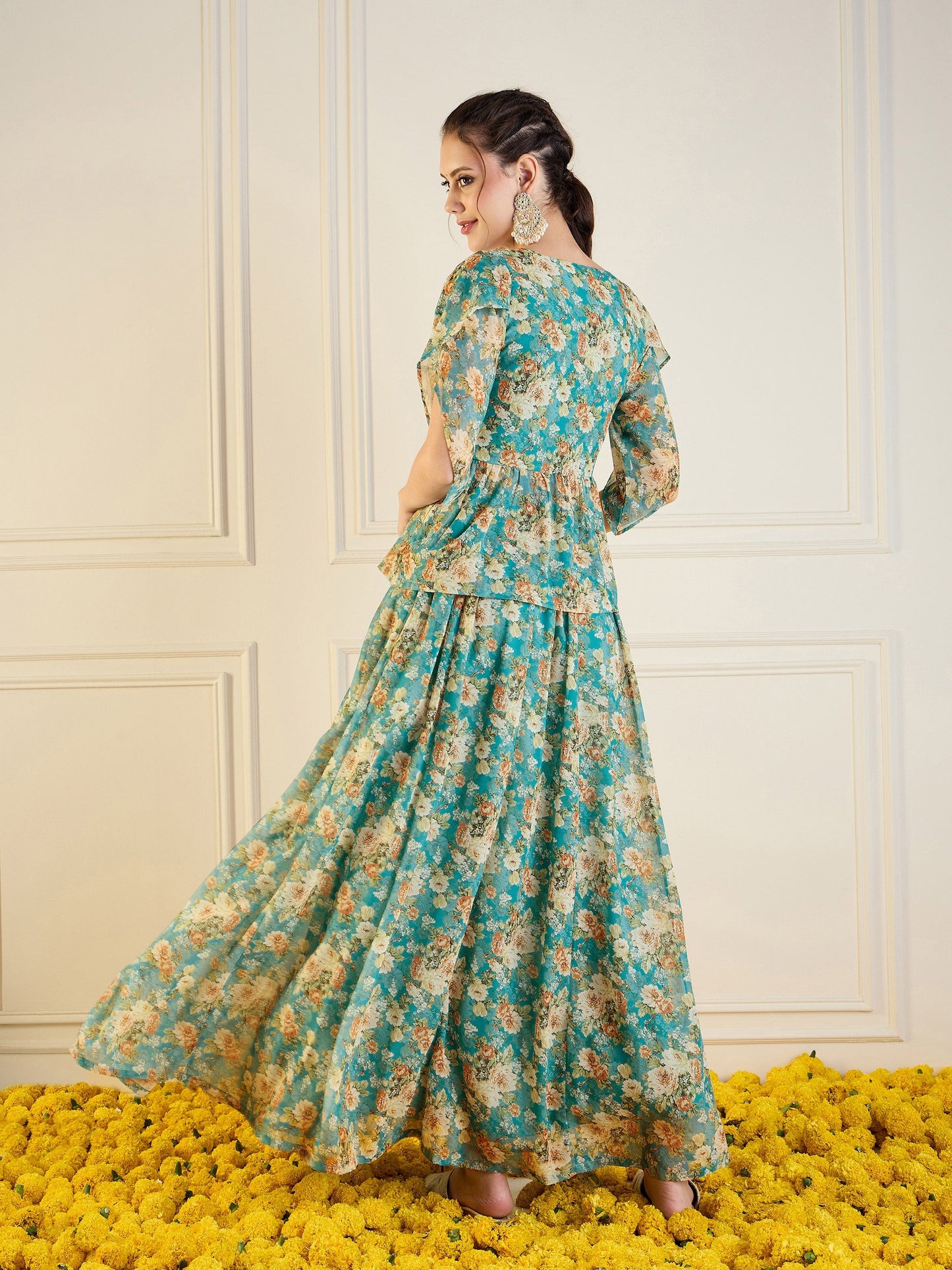 Turquoise Blue Floral Anarkali Skirt With Peplum Top