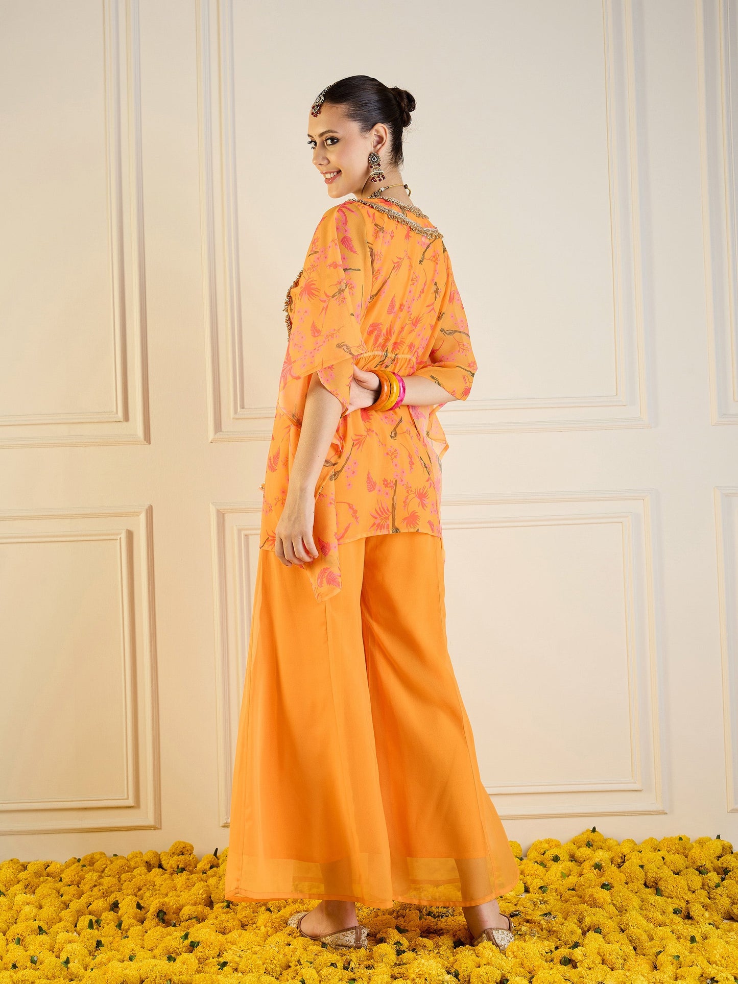 Mustard Printed Cape With Flared Pants & Crop Top