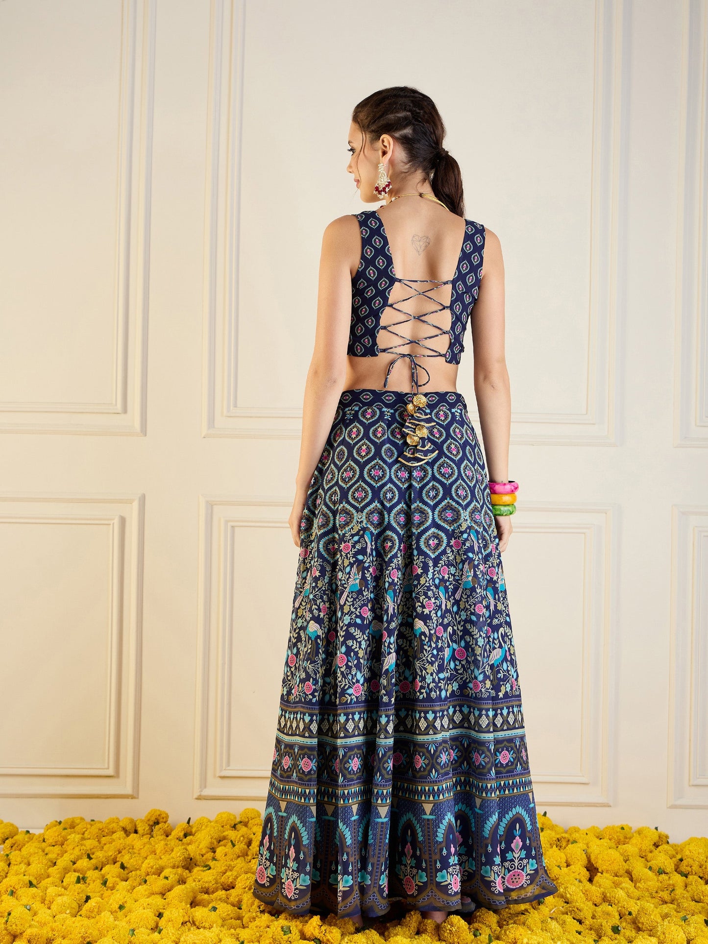 Navy Floral Anarkali Skirt With Dori Crop Top