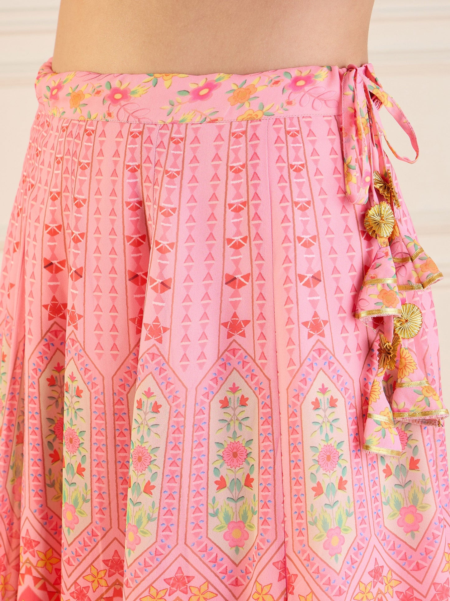 Pink Floral Anarkali Skirt With Ruching Crop Top