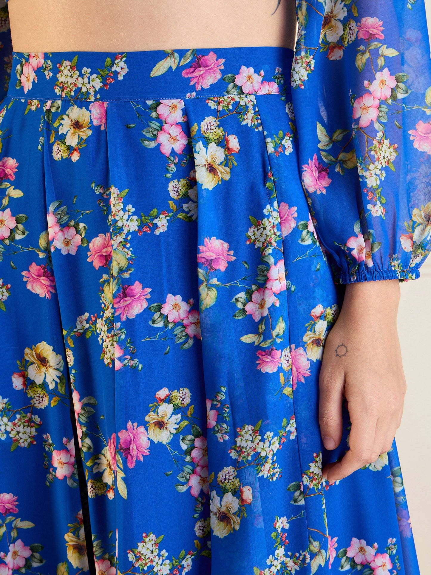 Royal Blue Floral Anarkali Skirt With Wrap Crop Top