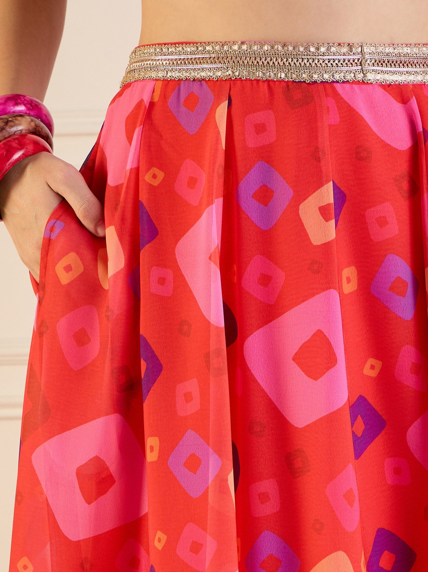 Red Bandhej Anarkali Skirt With Crop Top