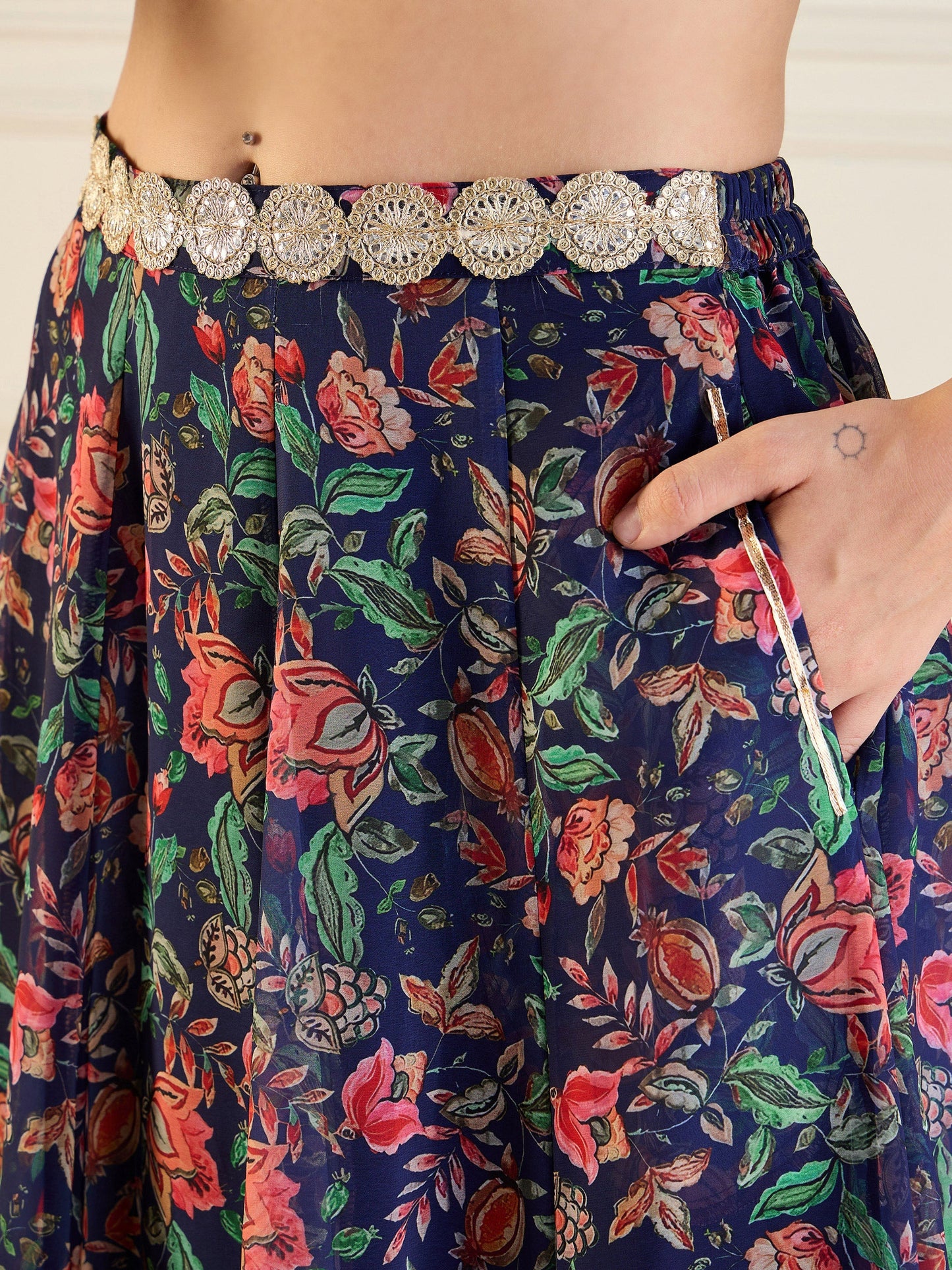 Navy Floral Anarkali Skirt With Front Dori Crop Top