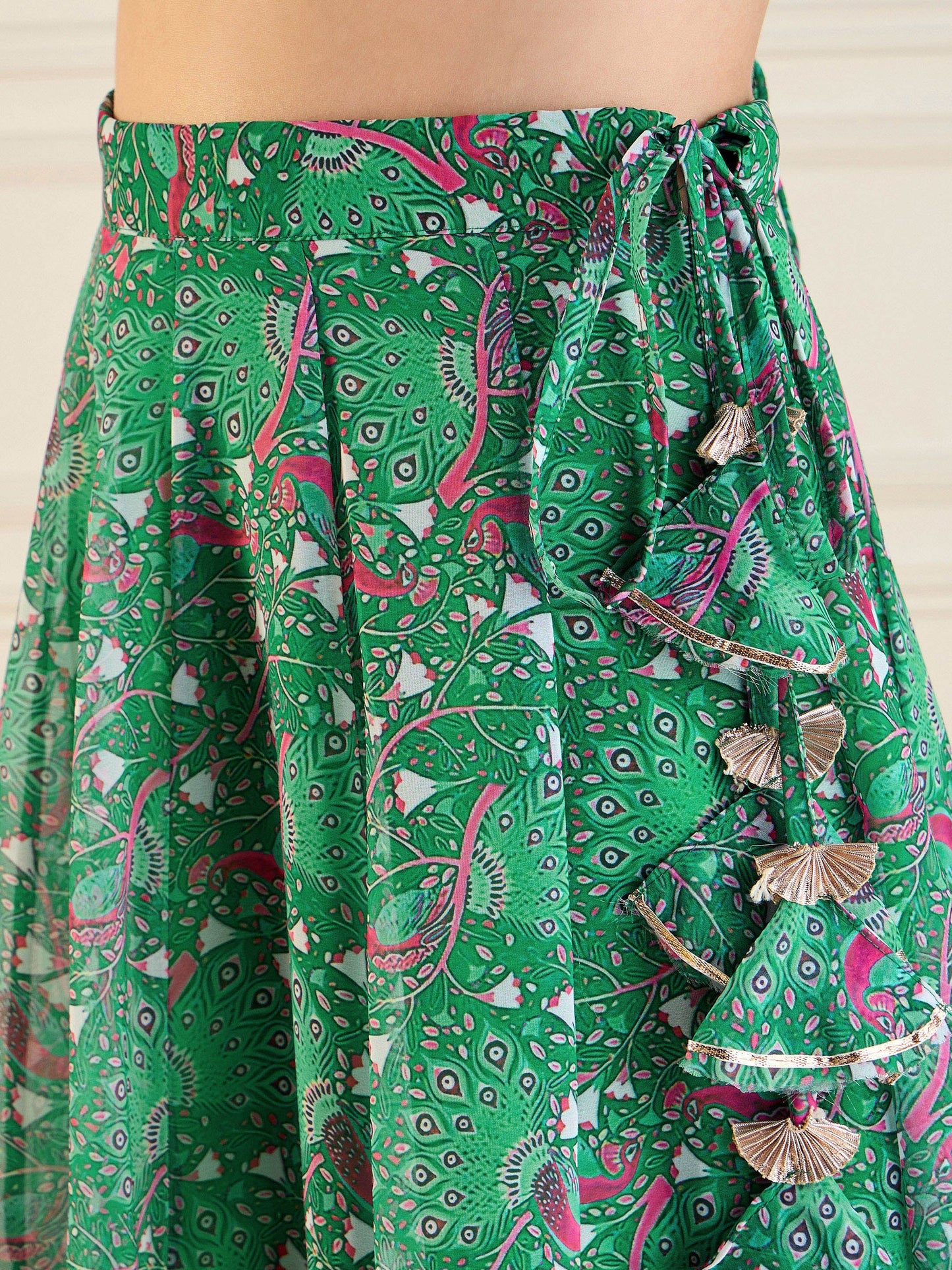 Green Printed Anarkali Skirt With Crop Top