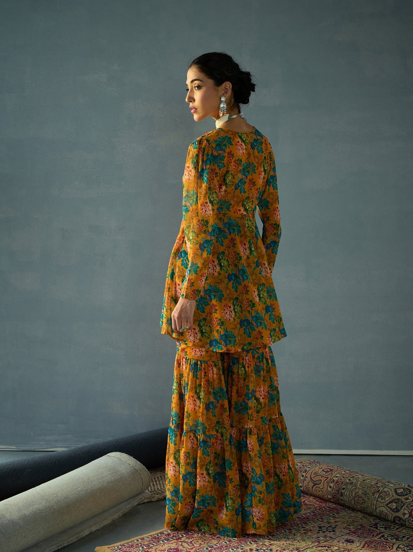 Yellow Floral High Low Peplum Top With Sharara Pants -Shae by SASSAFRAS