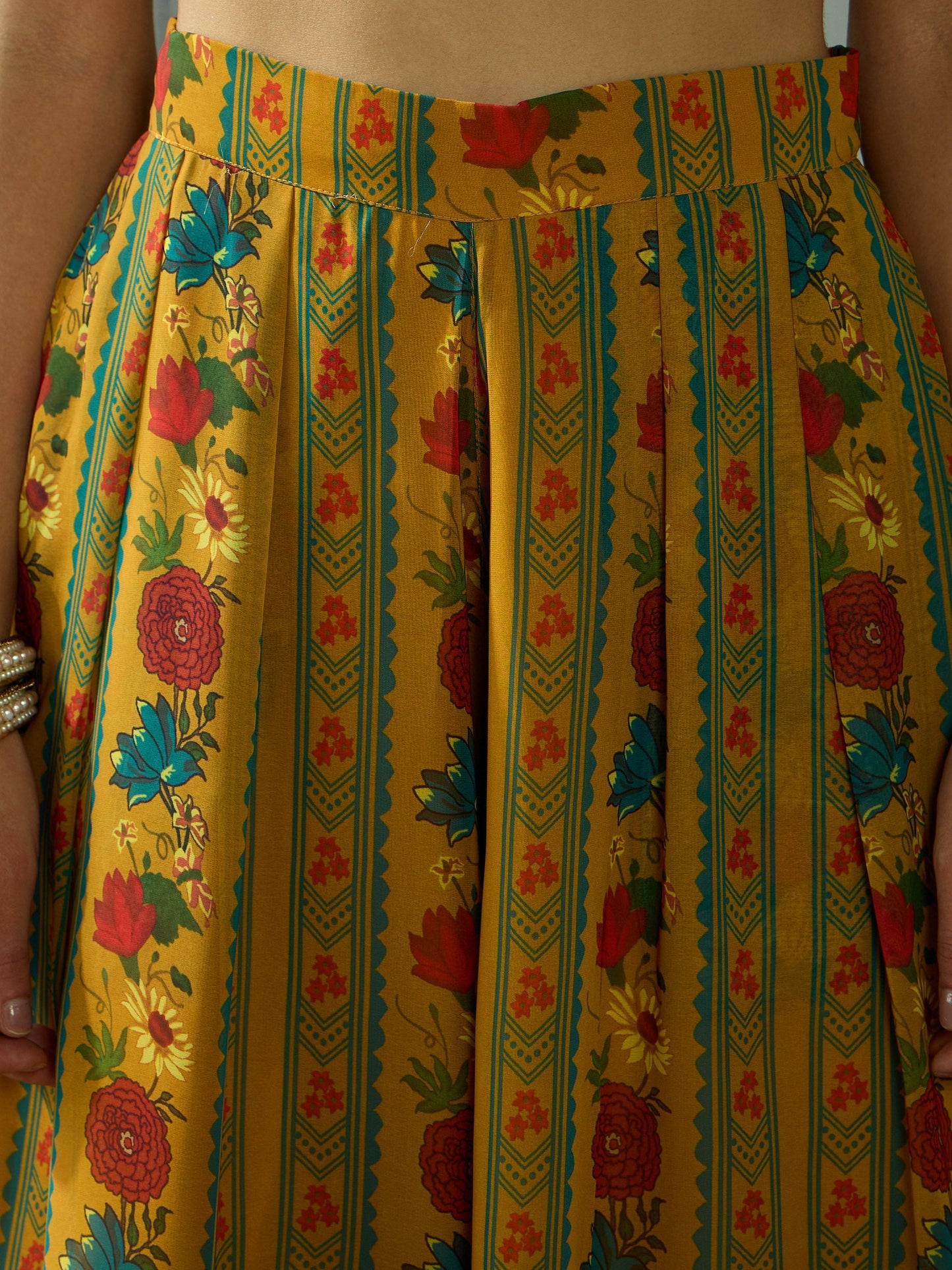 Mustard Floral Wrap Anarkali Kurta With Straight Pants-Shae by SASSAFRAS