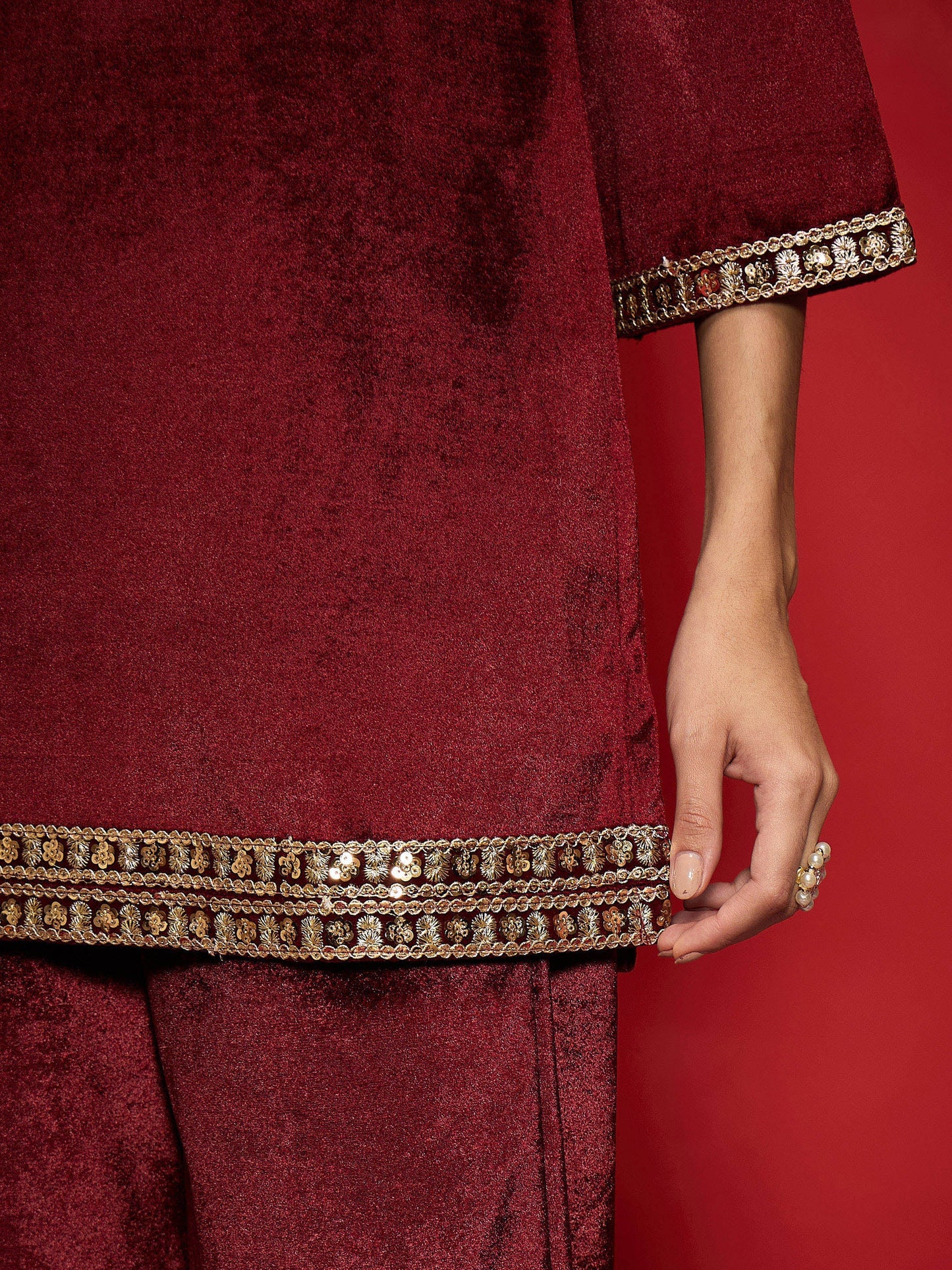Maroon Velvet Emb V-Neck Short Kurta With Afghani Pants-Shae by SASSAFRAS