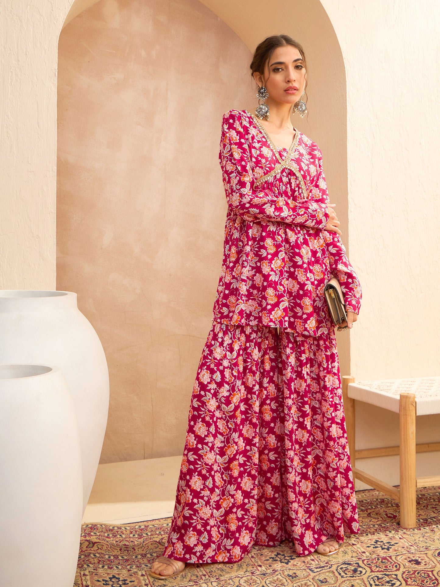 Red Floral Cambric Peplum Top With Sharara Pants-Shae by SASSAFRAS